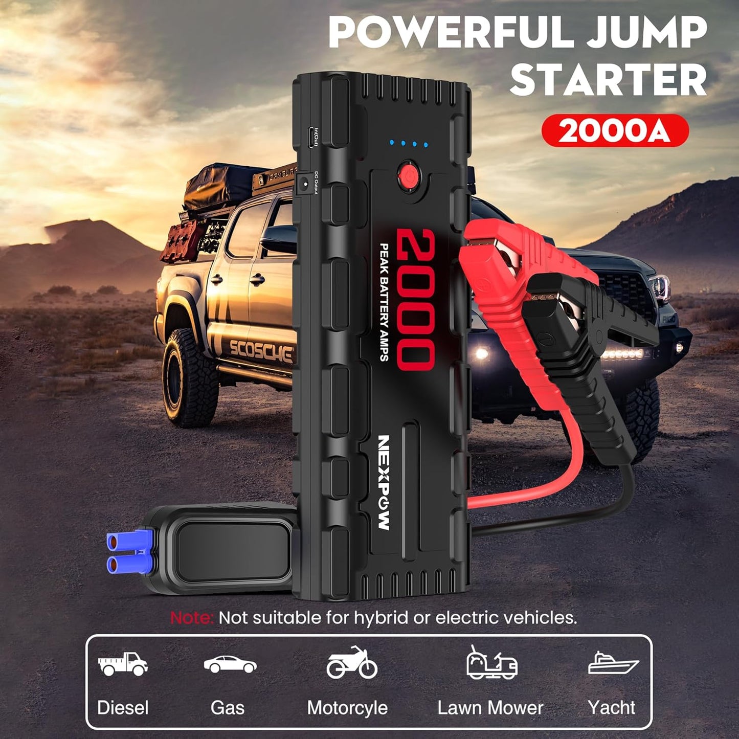 NEXPOW 2000A Peak Car Jump Starter with USB Quick Charge 3.0 (Up to 7.0L Gas or 6.5L Diesel Engine), 12V Portable Jump Box, Battery Booster with Built-in LED Light