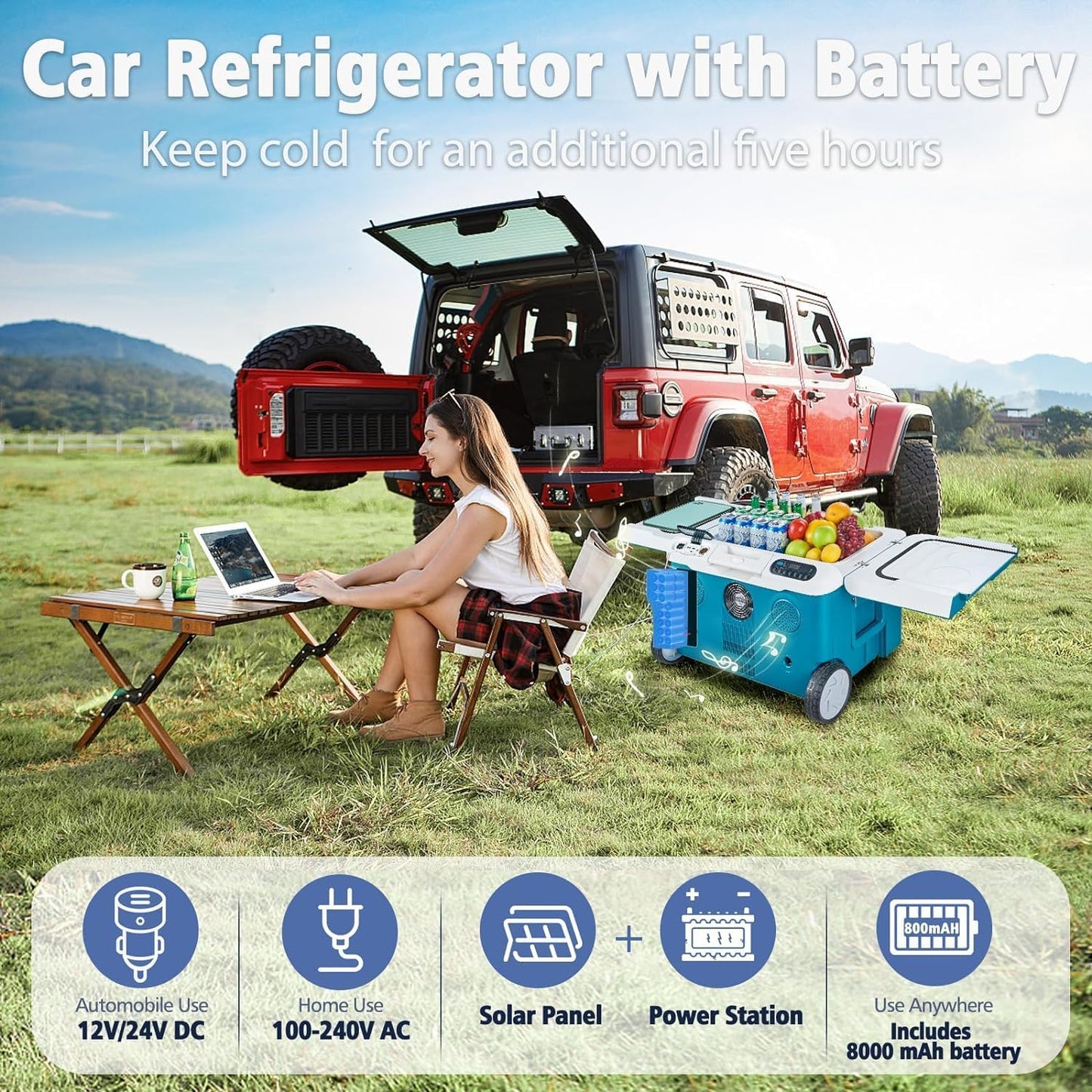 AAOBOSI Car Fridge, 42Quart(40L) Portable 12 Volt Car Refrigerator Cooler with Wheels&Bluetooth Speaker&Handle&Battery Powered, -4℉~68℉ with 12/24V DC,100-240VAC for Camping, Beach,Party,Pool,Travel