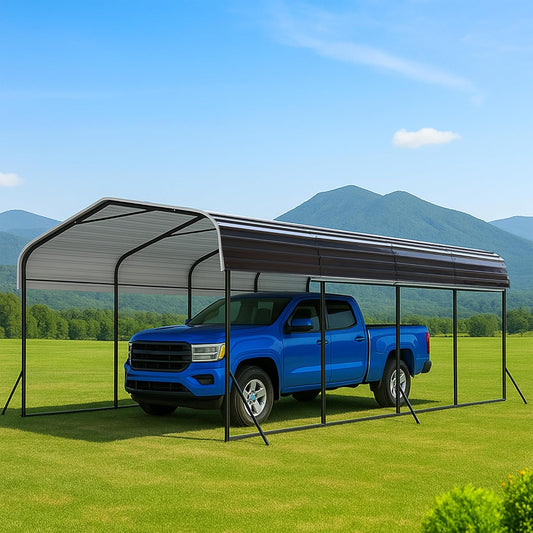 12x24 Metal Carport with Base Fixings Heavy Duty Garage Outdoor Chrome Plated Frame and Sheet Metal Construction Suitable for Boats, Cars, Tractors and Agricultural Equipment, Dark Gray