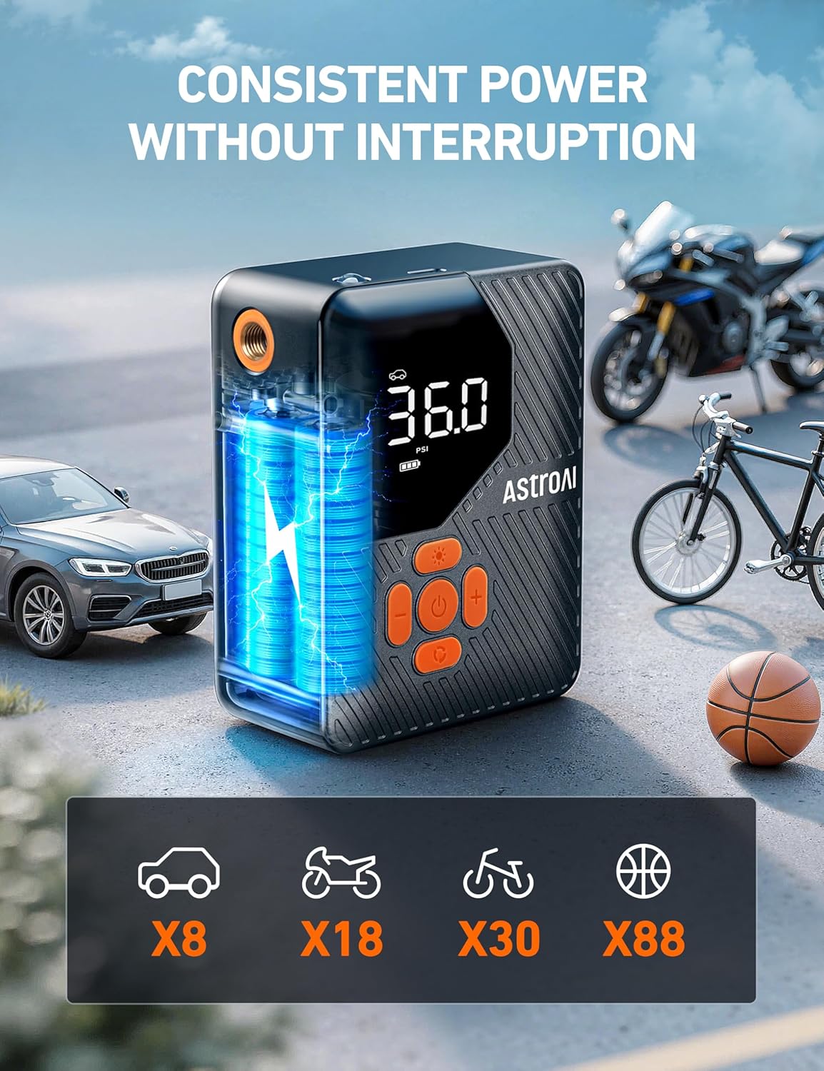 AstroAI L7 Mini Tire Inflator Portable Air Compressor,150 PSI Cordless Car Tires Air Pump with LED Lights&Pressure Gauge,Auto Shut-Off - Tire Pump for Auto,Motorcycle, Bicycle, Ball Orange