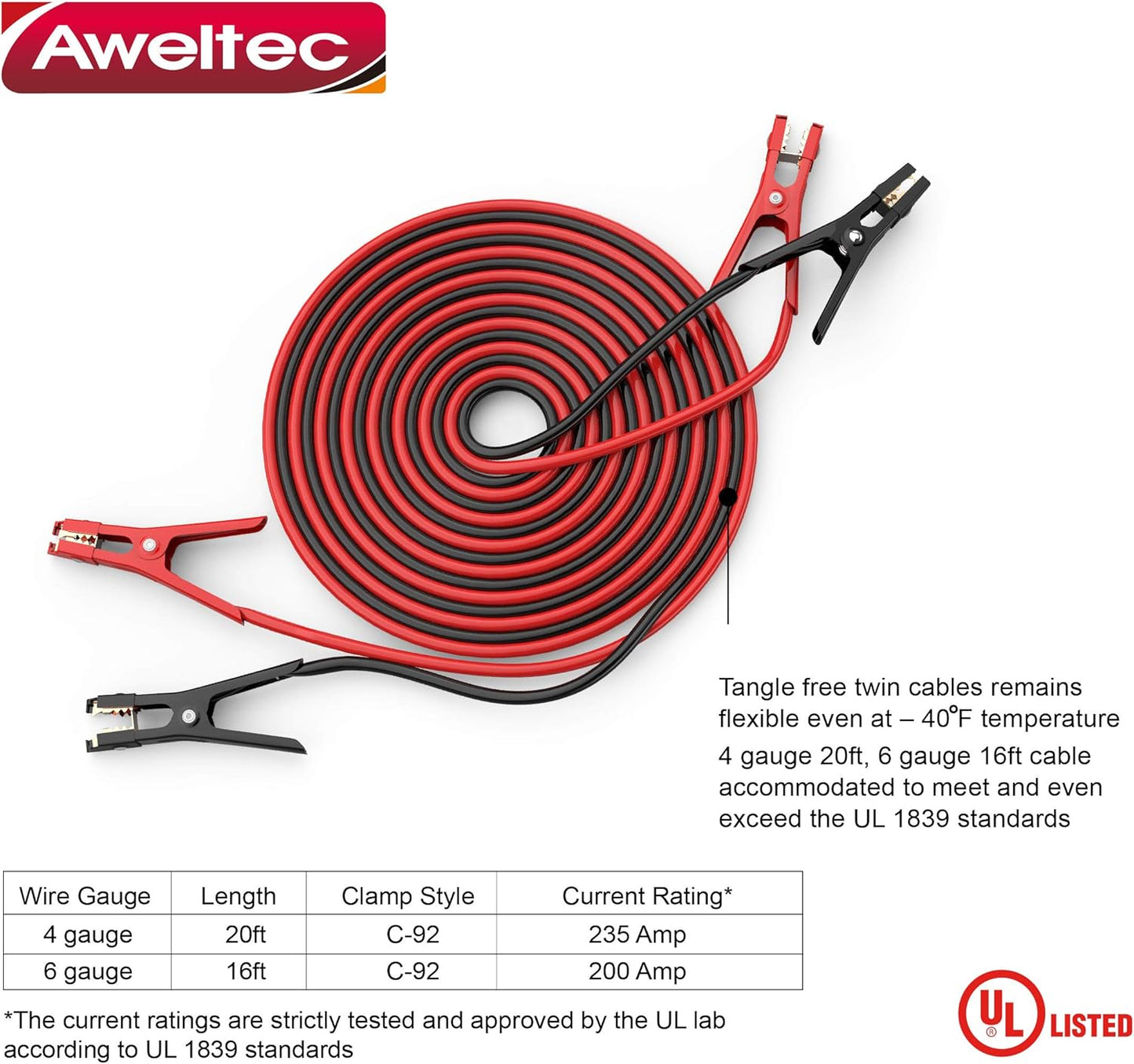 UL-Listed Jumper Cables - 4 Gauge 20 Feet Battery Cables for car, Heavy Duty Booster Cables (4AWG x 20Ft) with Carry Bag