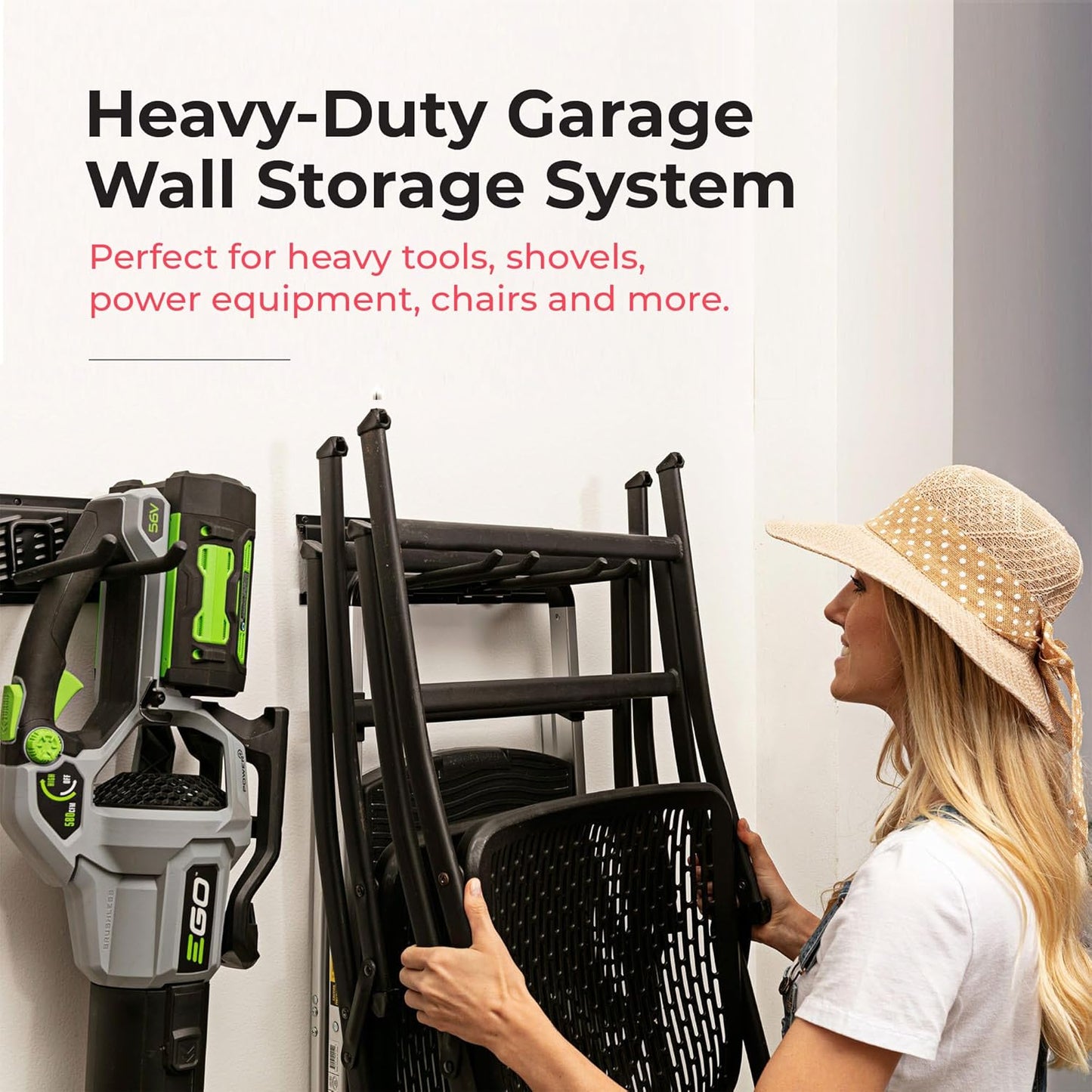 Garage Tool Organizer Wall Mount | 64-Inch Garage Wall Organizer & Folding Chair Rack | Heavy-Duty Tool Hanger System | 12-Piece Kit with 4 Steel Rails & 8 Adjustable Hooks | 400 lbs Capacity