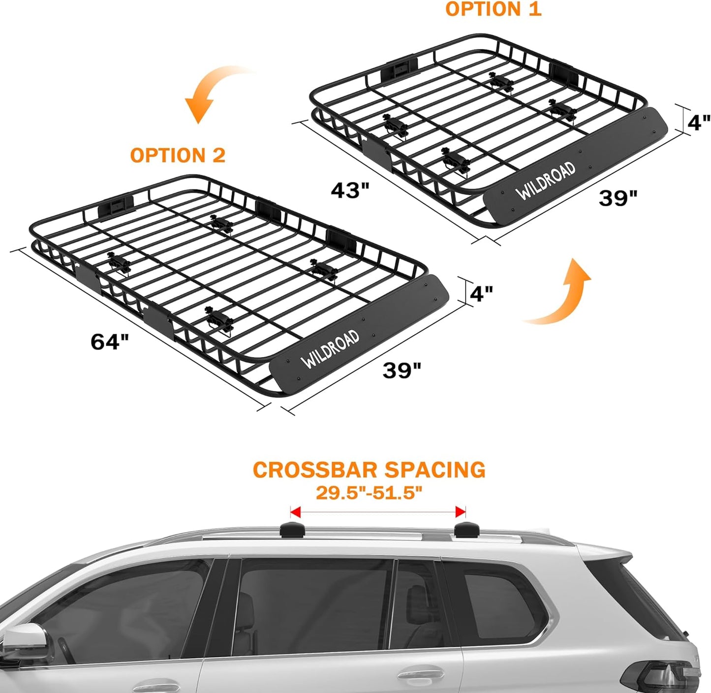 WILDROAD Roof Rack Cargo Basket, Upgraded 4” Fence Car Roof Basket with Extension, 64"x 39"x 4" Universal Car Top Luggage Holder Carrier Basket Fits for SUV Truck Cars