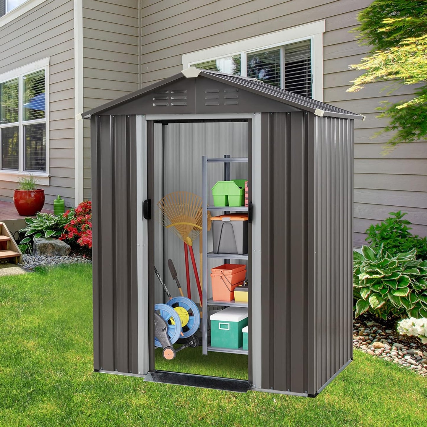 Vongrasig 5 x 3 x 6 FT Outdoor Storage Shed, Metal Tool Shed Clearance Garden Steel Shed with Side Window and Lockable Door Waterproof Tool Shed for Backyard Patio, Lawn (Gray)