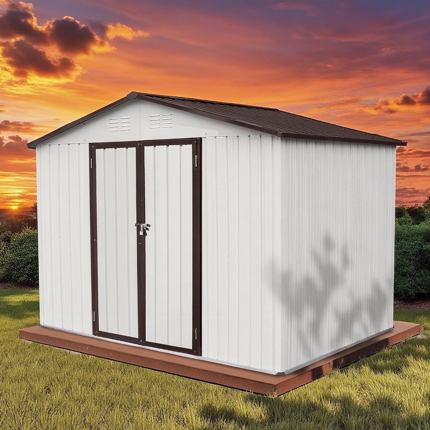 8 x 6 FT Outdoor Storage Shed, Metal Garden Tool Shed with Slooping Roof, Lockable Doors, All-Weather Bike Shed Easy to Assemble for Backyard, Patio, Lawn, White