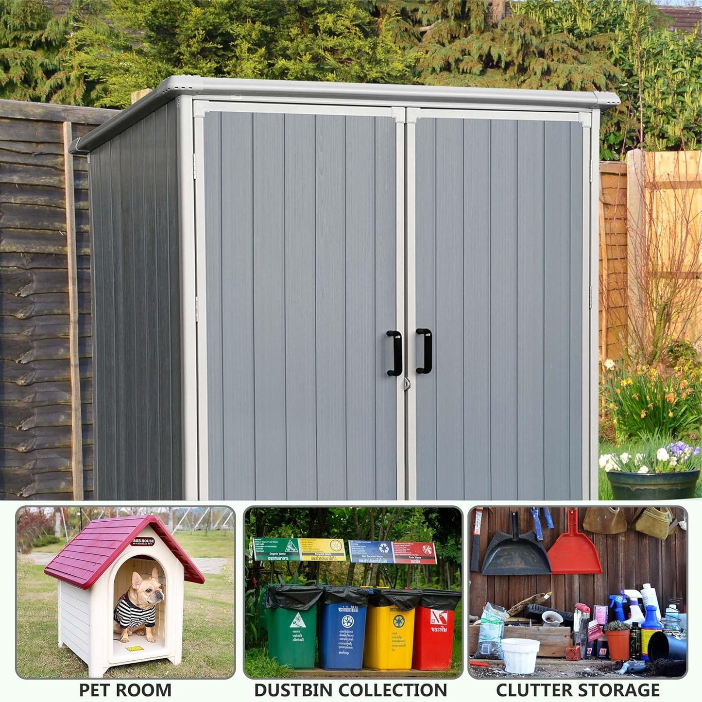 5 X 3 Ft Outdoor Storage Shed with Floor, Weatherproofing Garden Tool Shed with Lockable and Sloping Roof Design, Outdoor Resin Shed Cabinet for Backyard Patio and Garden (White+Gray)