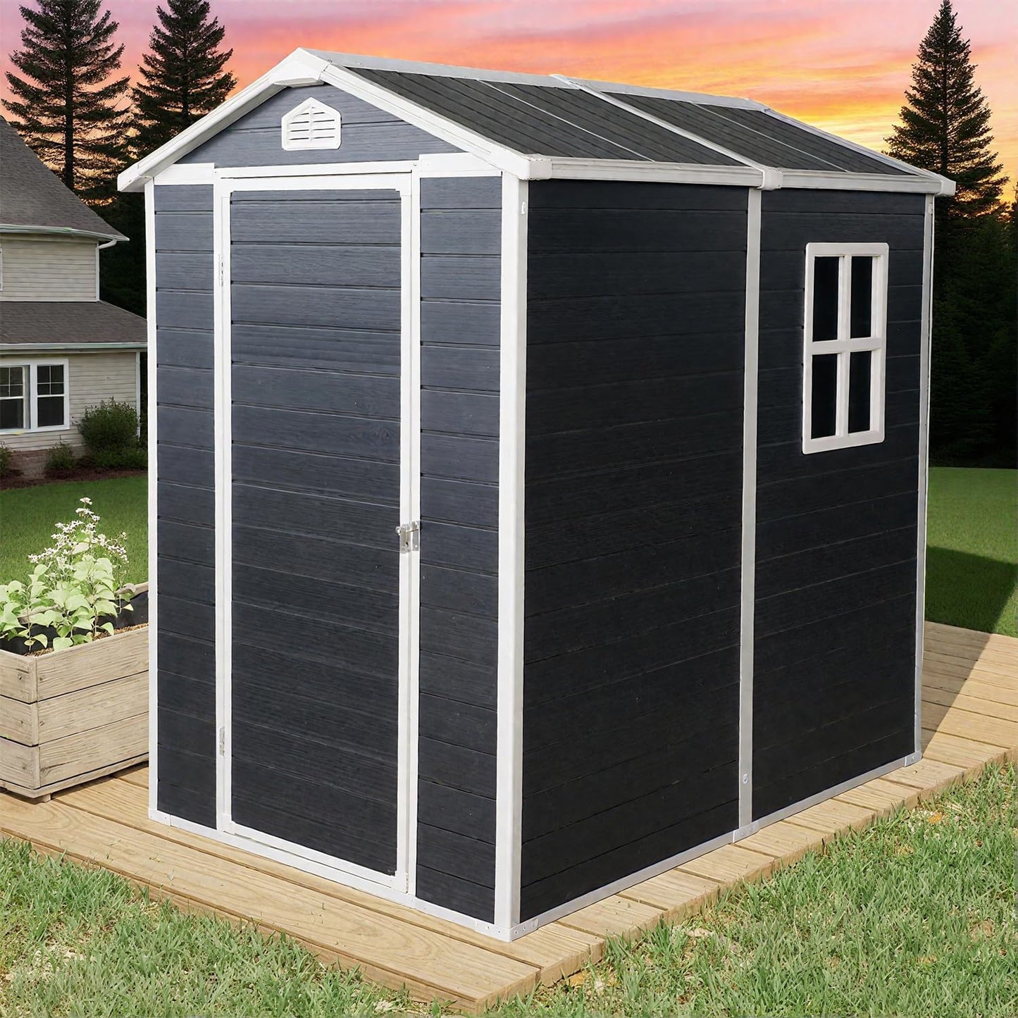 4x6 FT Outdoor Storage Resin Shed with Floor,Waterproof Plastic Garden Bike Shed with Lockable Door, Sloped Roof, Vents & Windows, Easy Assembly Tool Shed for Lawn, Backyard, Patio, Black