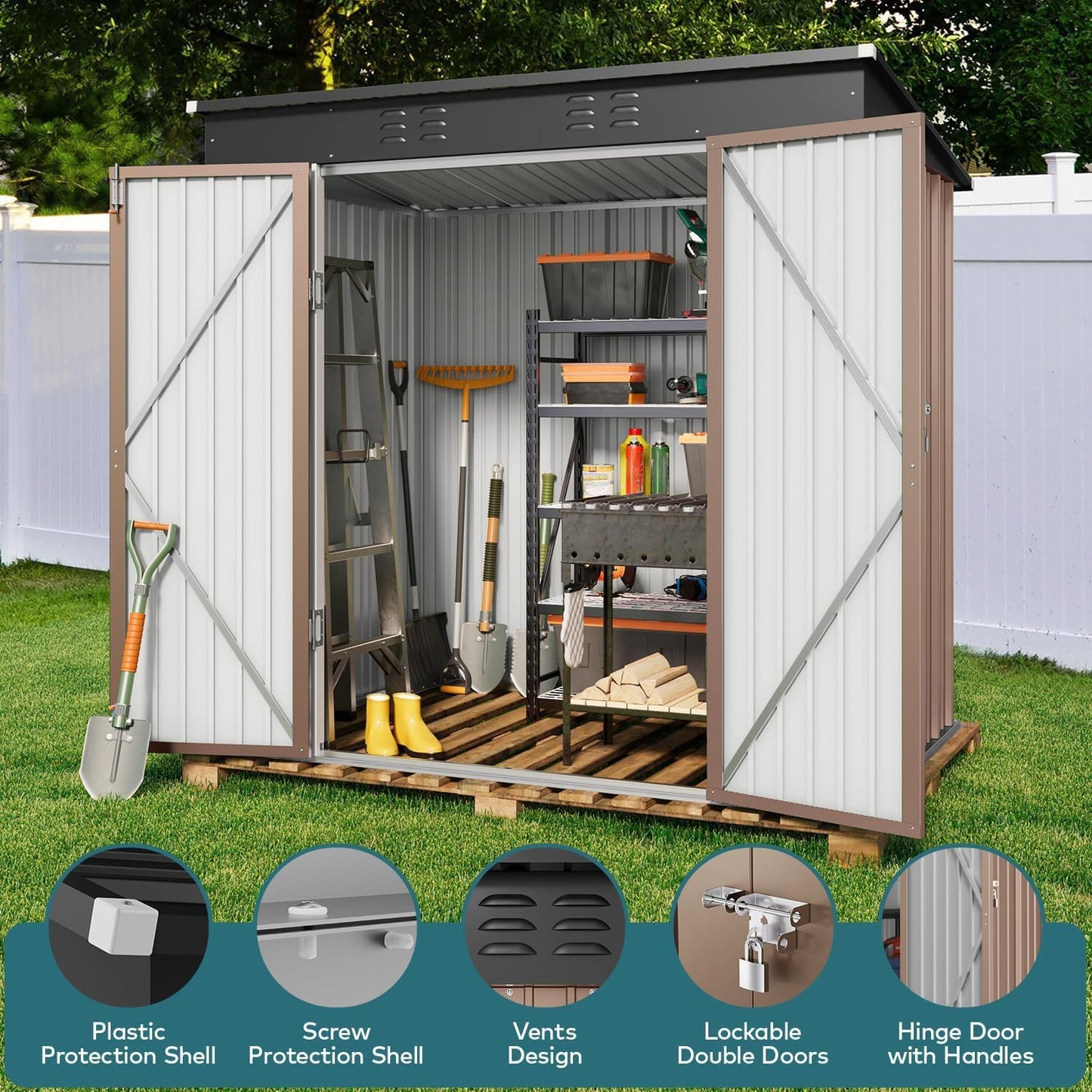 Gizoon 6' x 4' Outdoor Storage Shed with Double Lockable Doors, Anti-Corrosion Metal Garden Shed, Waterproof Shed Outdoor Storage Clearance for Backyard Patio Lawn-Brown