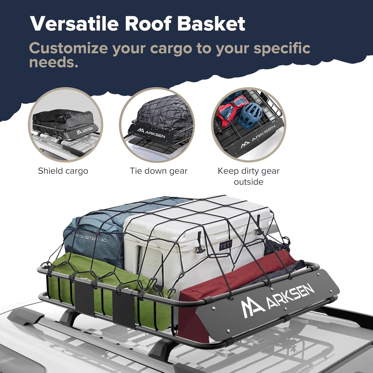 ARKSEN 43 x 39 x 6 Inch Universal 150LB Heavy Duty Roof Rack Cargo with Cargo Net, Car Top Luggage Holder Carrier Basket with Extension for SUV, Truck, & Car Steel Construction