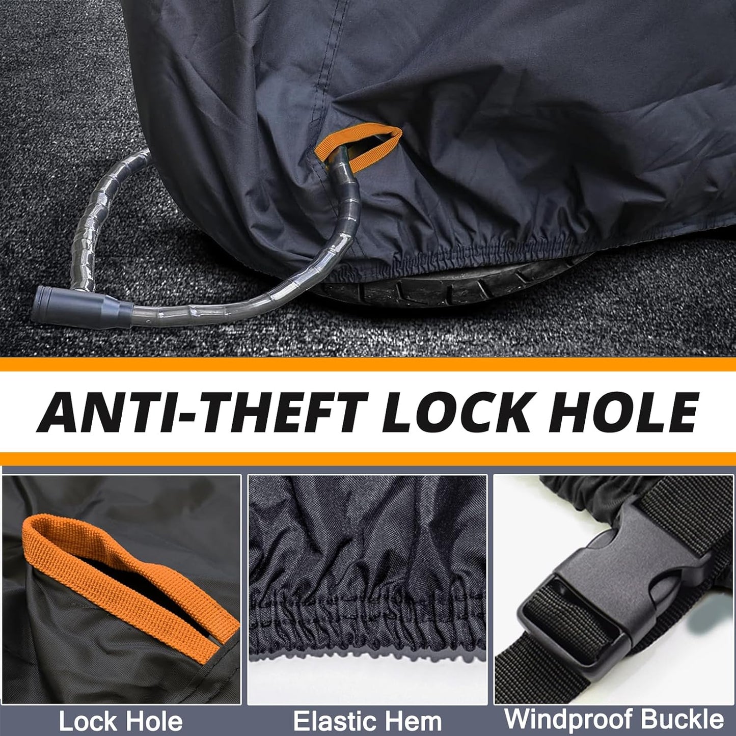 Motorcycle Cover,Waterproof Zipper Outdoor Cover for All Seasons Windproof, High Heat Resistance Dustproof and Rainproof Snowproof(Orange Zipper L Fits Up to 91 inch)