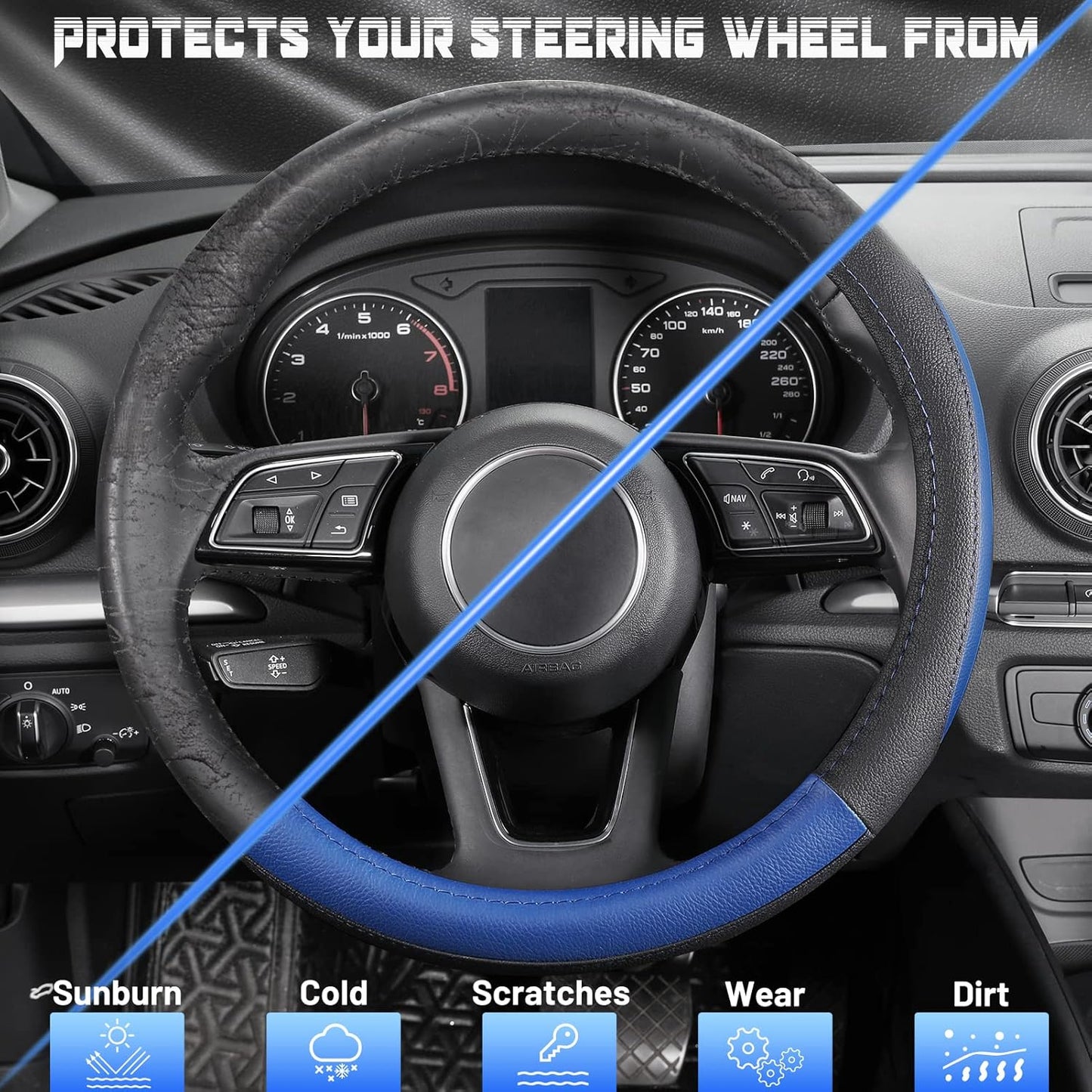 SEG Direct Car Steering Wheel Cover for Prius Civic Model 3 Model Y Camaro, Small Size 14-14.25 inch, Black and Blue Microfiber Leather