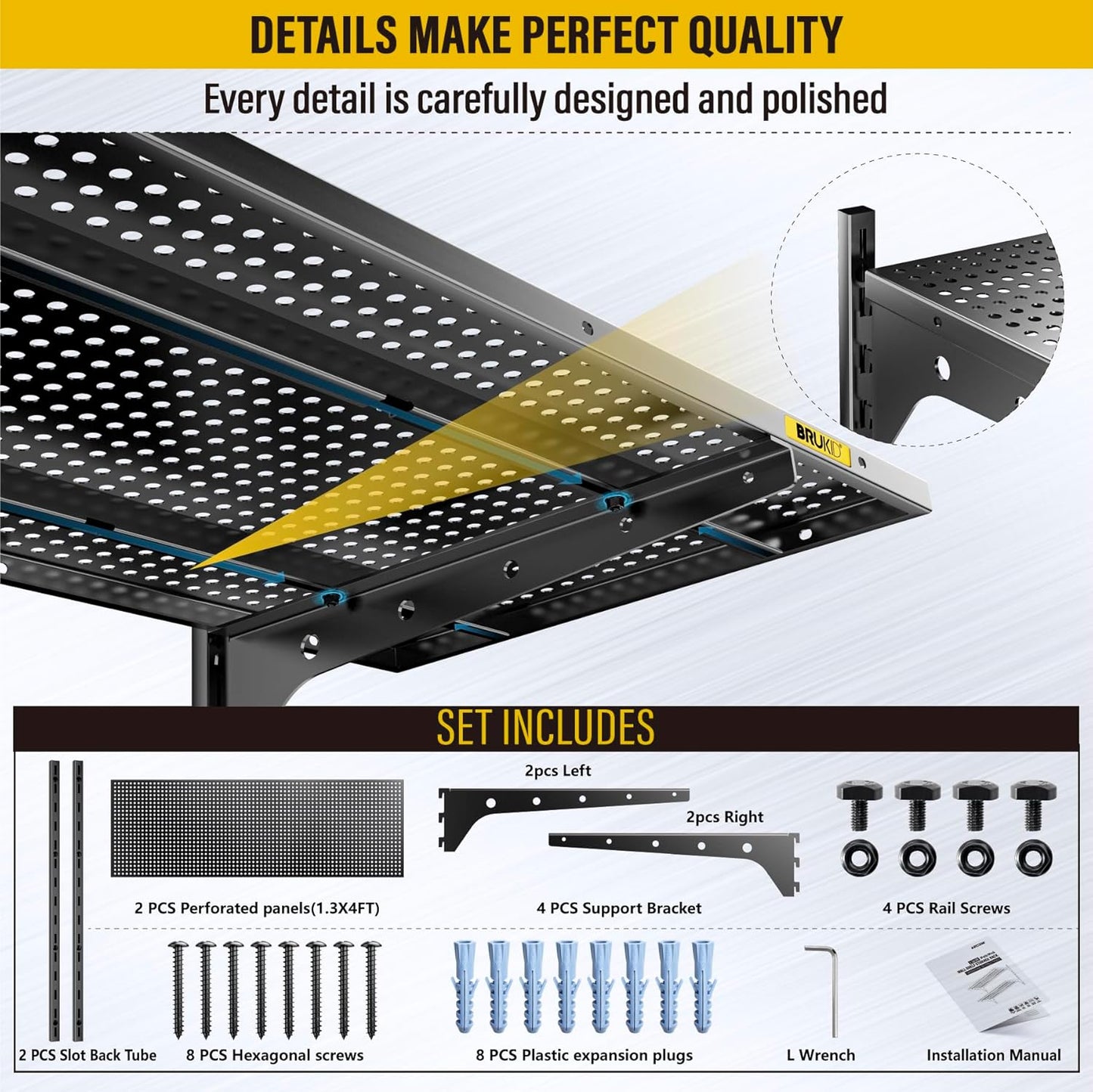 2 Tier 1.3x4ft Garage Shelving Wall Mounted, 400 lbs Load Capacity，15.6x48inch per Shelf Height Cassette Adjustable Floating Shelves(Black)