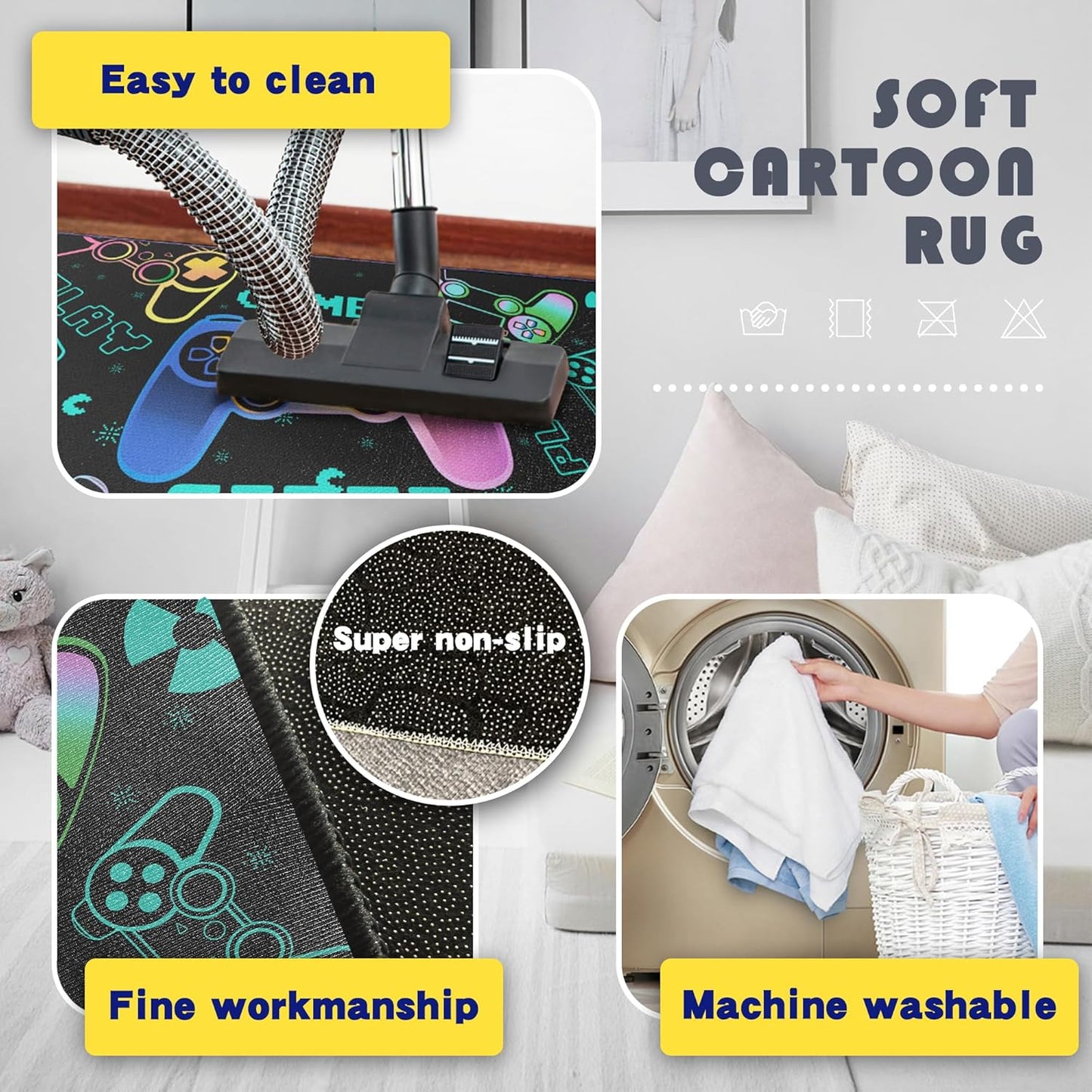 Play Gaming Rug for Bedroom Gamer Mat Gamepad for Boys Room 59"x39" for Playroom Decor Washable