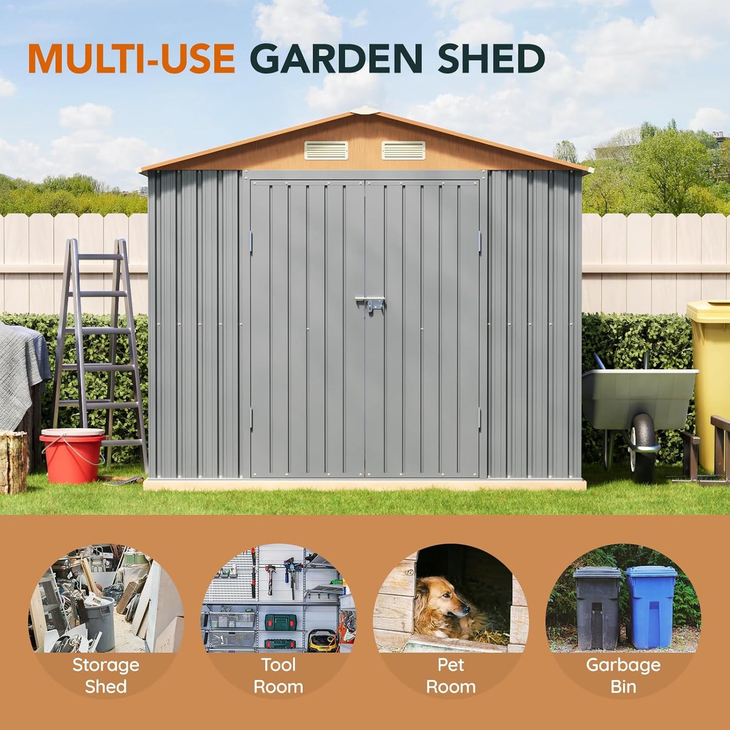 8x6FT Metal Shed & Outdoor Storage Shed, Steel Tool Multi-Used Shed with Vents,Lockable Doors,Window,Compact Tool Shed for Backyard, Patio, Lawn and Garden Various Storage(Matte Gray)