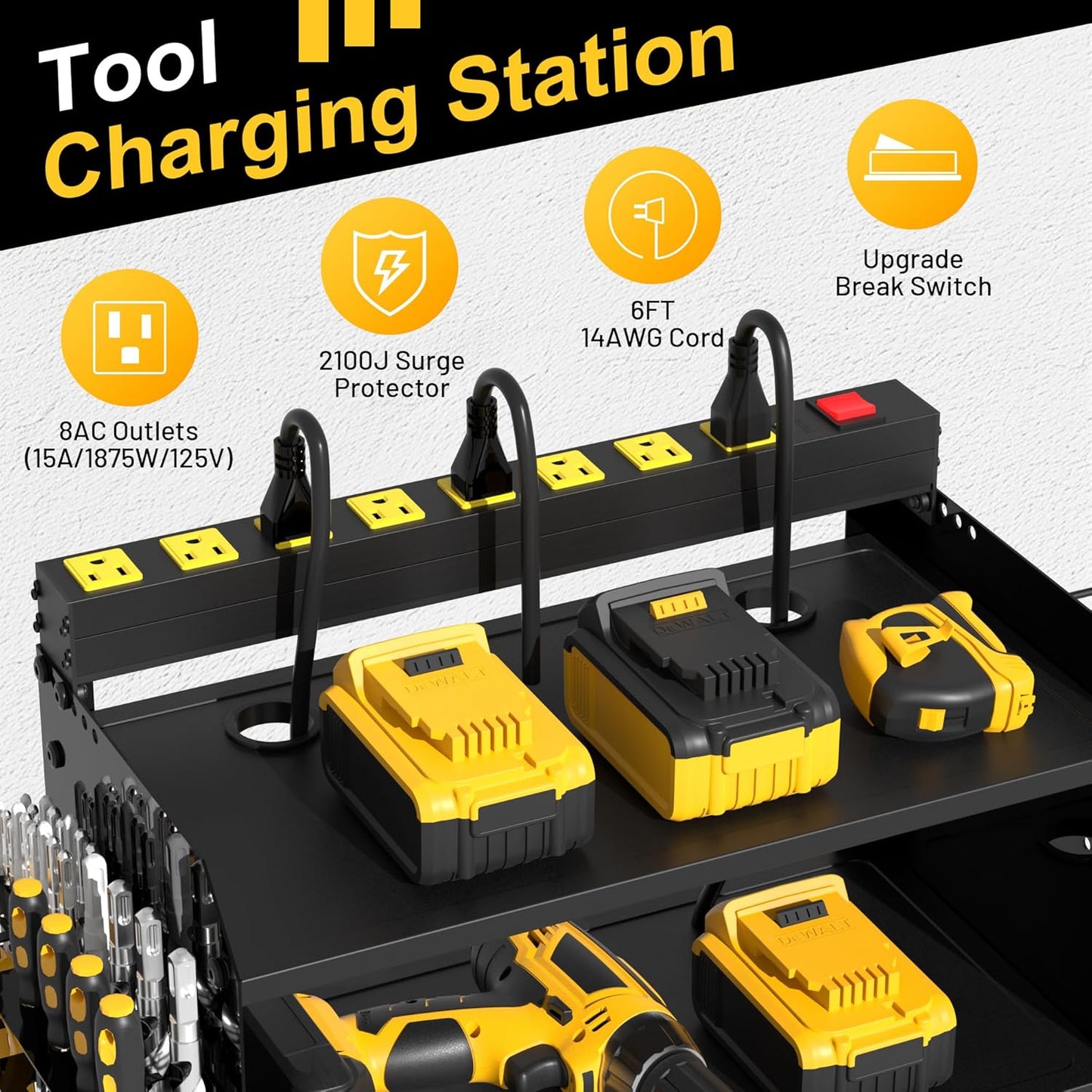 Heavy Duty Wall-Mounted Tool Organizer&Power Charging Station,Modular Garage Storage System with Cordless Drill Holder, Battery Racks,Shelves,Workshop Organizers with Electric Cord Management