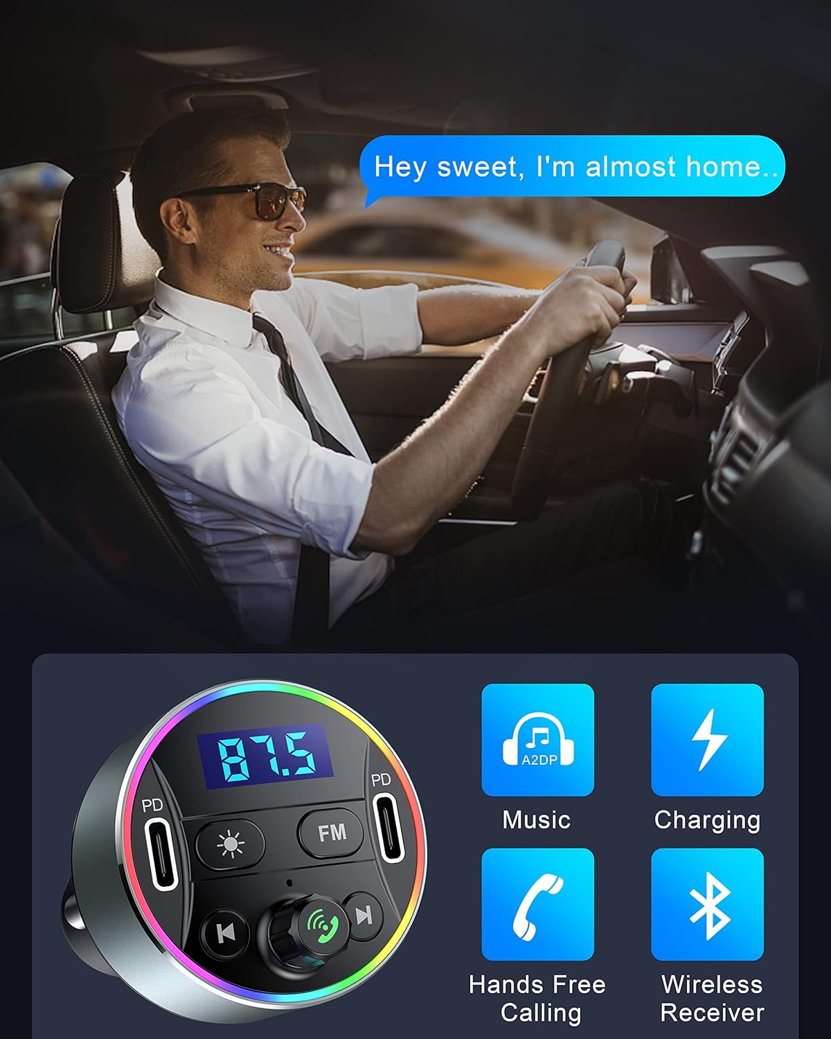 Dual PD 40W Type-C USB Car Charger Bluetooth Car Adapter Bluetooth 5.3 FM Transmitter for Car with Microphone & HiFi Sound MP3 Music Player Radio Audio Receiver Support Hands-Free Calling