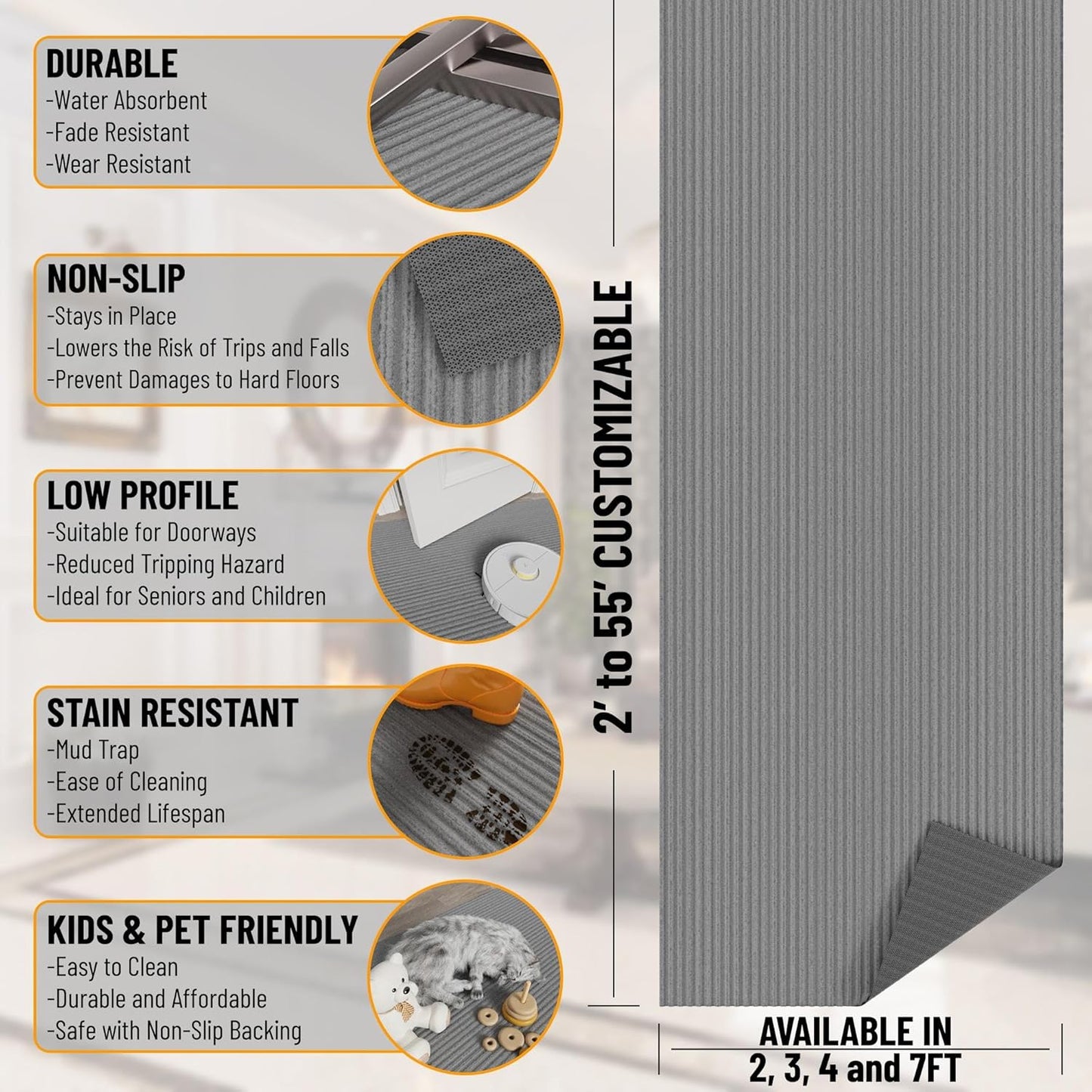 Ottomanson 6'6" x 11' Mud Mat Area Rug Scraper Carpet - Non-Slip, Dirt Trapping for Indoor & Outdoor Use - Ideal for Entryway, Garage, Kitchen, Patio & High-Traffic Areas, Gray