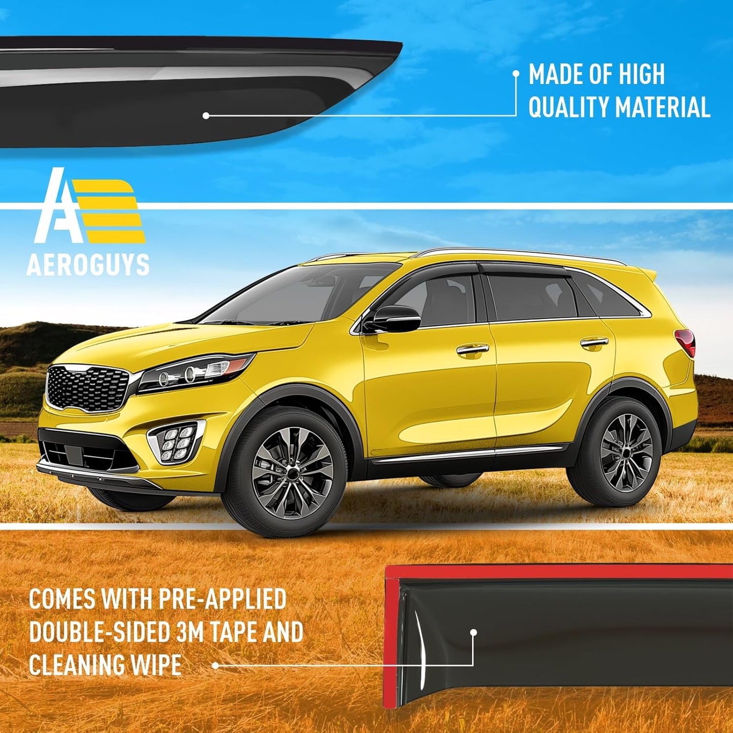 Extra Durable Window Deflectors Tape-On Window Visors Rain Guards Fit for Kia Sorento 2016-2020, Sun Visors, Wind Vent for Shades, Exterior Car Accessories - 4pcs. AG0087