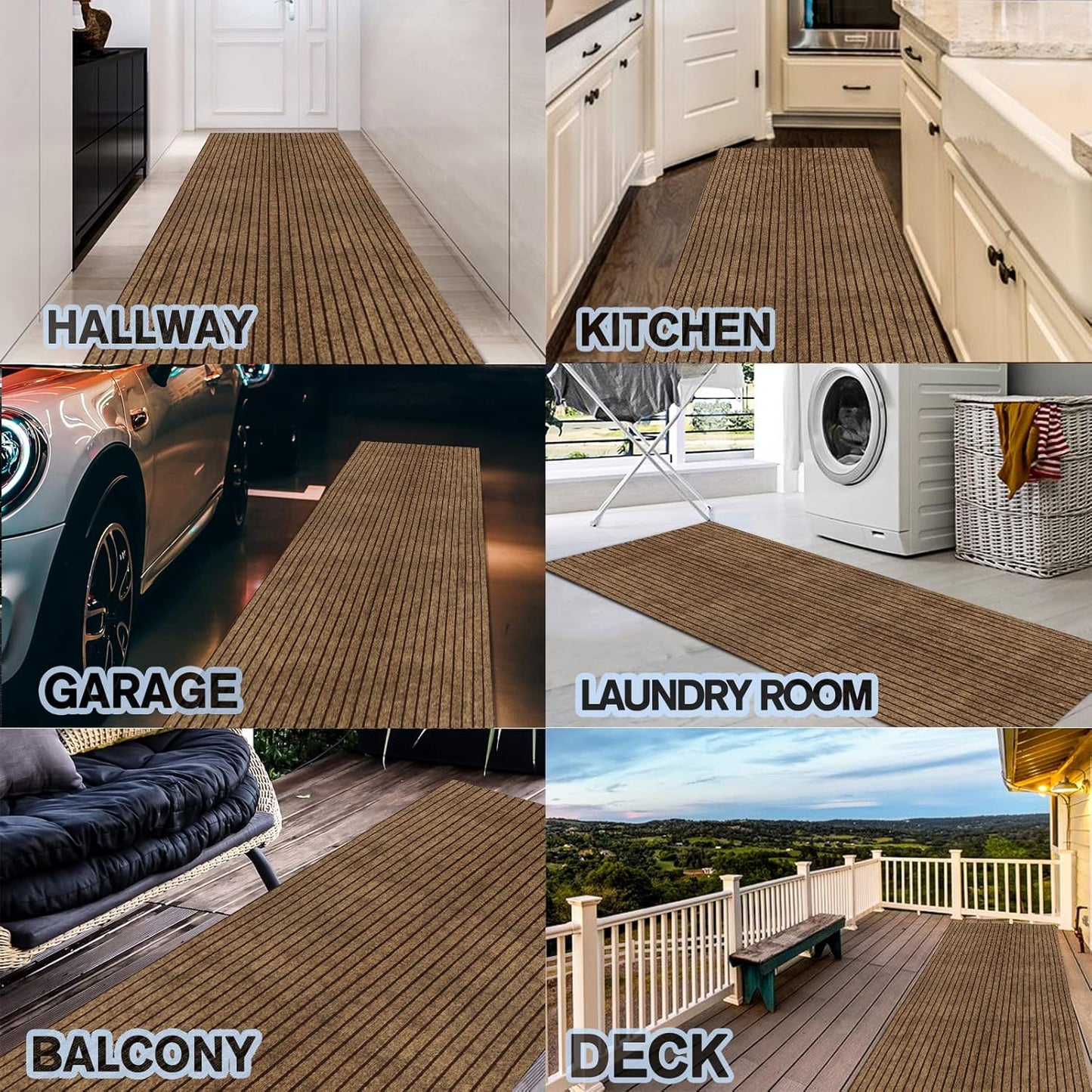 Custom Size Backed Non-Slip Area Rugs Runner, Easy Clean, Waterproof Runner Rugs for Hallway Entryway, Kitchen, Laundry, 3FT x 74FT, Brown Stripe