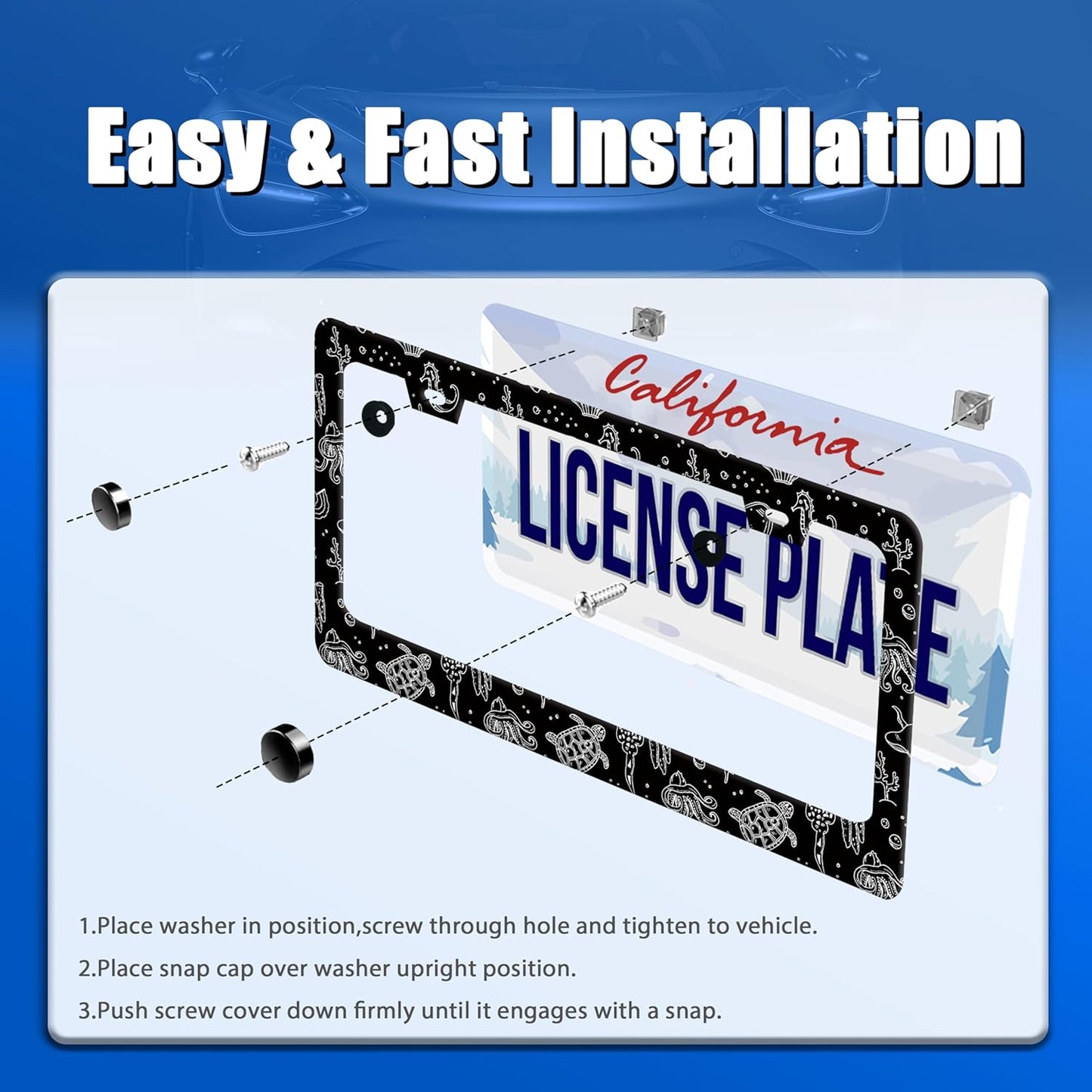 Turtles License Plate Frame Black and White Sea Turtle License Plate Stainless Steel Funny License Plate Holder Men Women Ocean Animal Car Accessory Decoration 12.3" x 6.3"