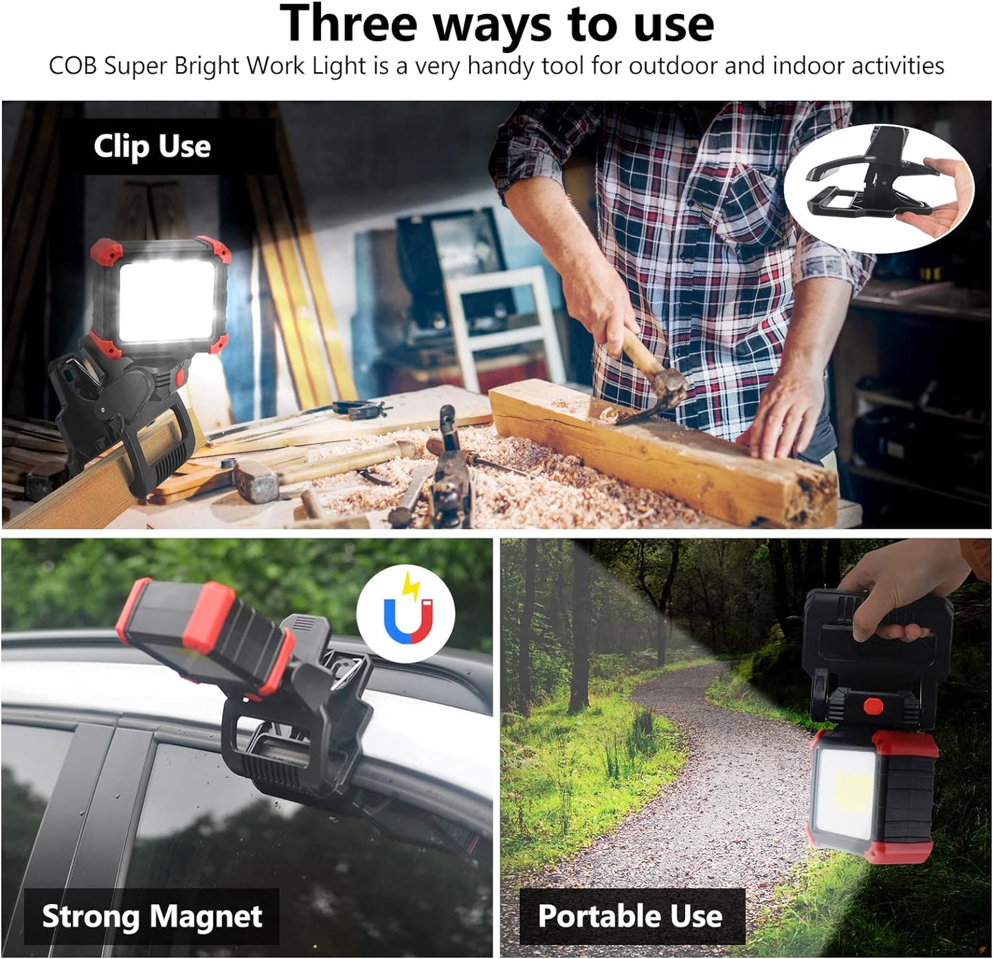 LED Rechargeable Work Light with Clamp, 2Pack 2100LM COB Magnetic Work Light with 3 Light Modes, 270° & 180° Rotation, Waterproof, Perfect for BBQ, Jobsite, Workshop, Car Repairing