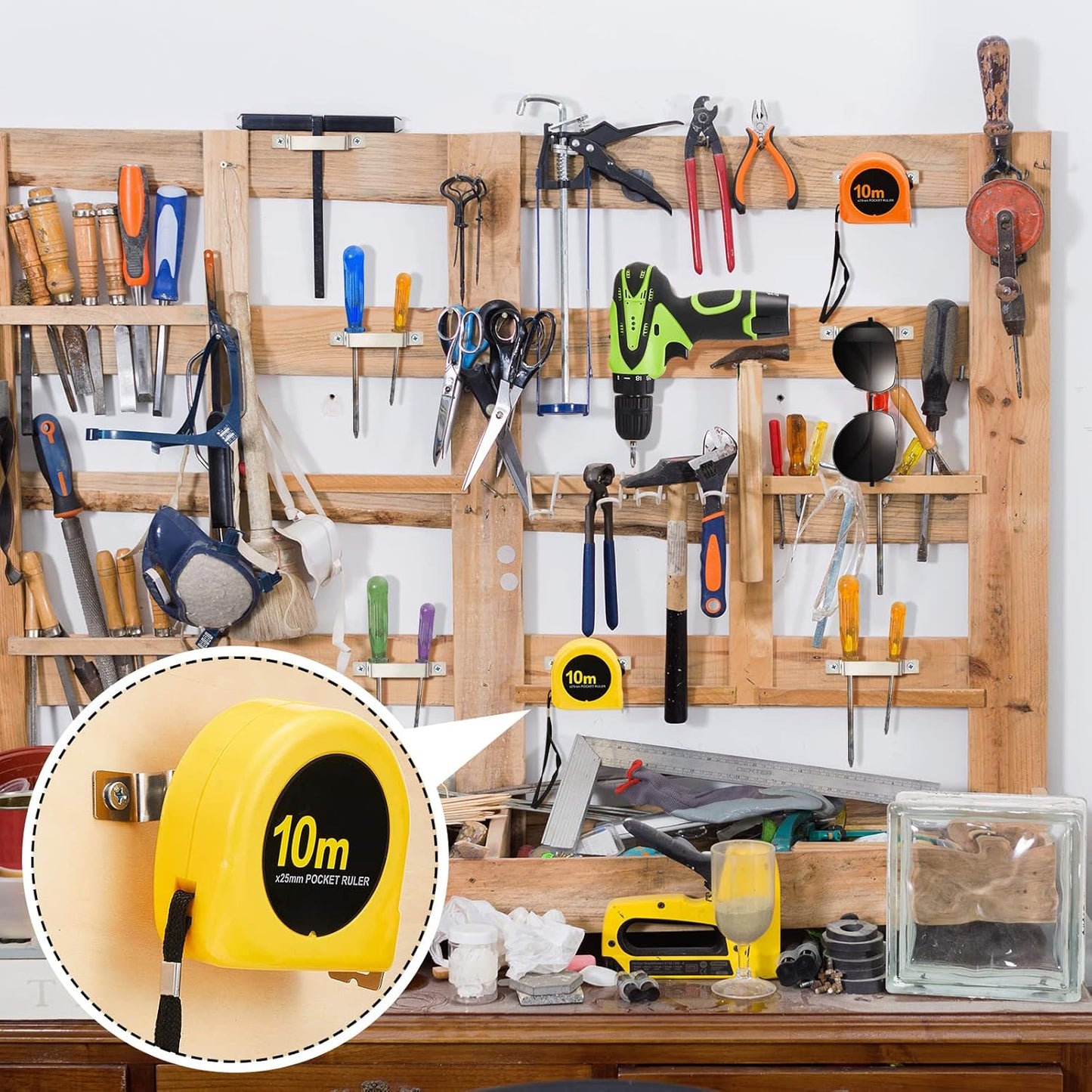 12 Pcs Tape Measure Clip Tape Measure Holder Bench Belt Universal Tool with Screws Stainless Steel Tool Hanger Storage Dock for Mount Drill Power Measures and Belt Clips (Silver)