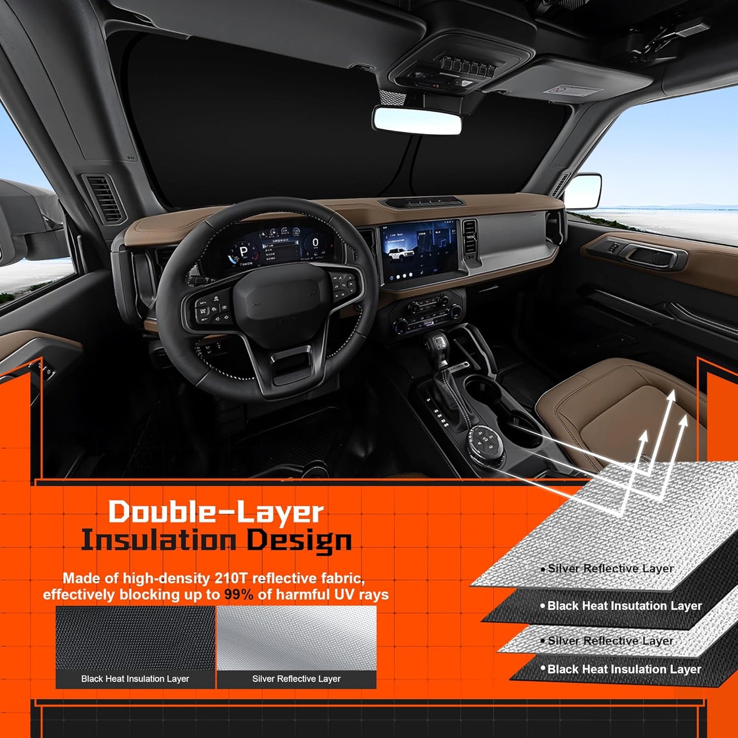 Custom Fit Windshield Sun Shade for Kia Sorento 2021-2025 - Full Coverage, 210T Reflective Fabric, Double-Layer Design - Blocks 99% UV Rays, Keeps Car Cool, Easy to Install and Store