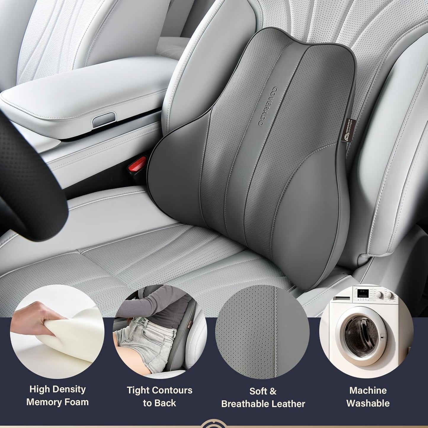 Coverado Lumbar Support Pillow for Car, Ergonomic Memory Foam Back Pillow for Office Chair, Back Cushion for Back Pain Relief, PU Leather Car Lumbar Support for Driving Seat - Gray
