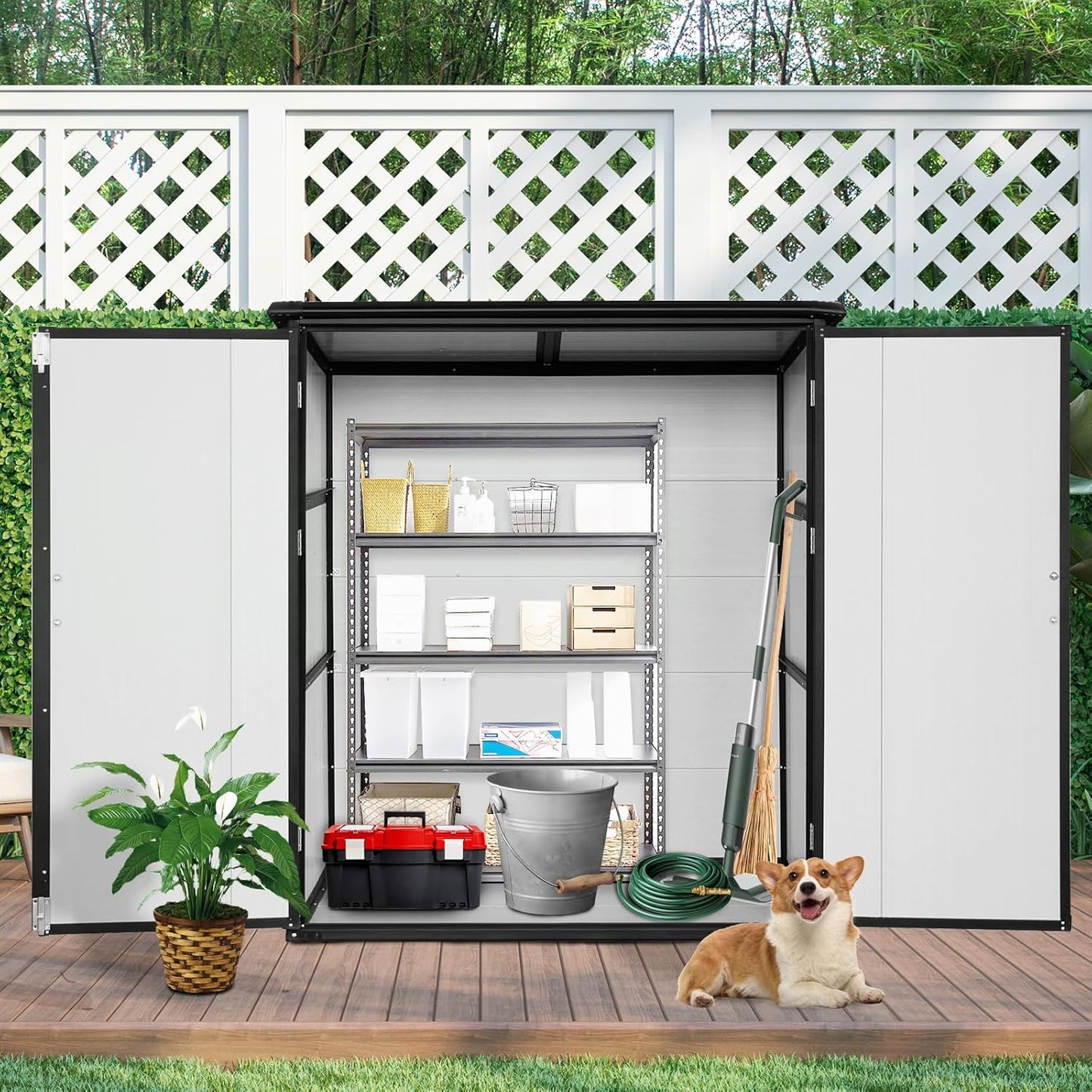 5x3 FT Resin Outdoor Storage Shed with Floor, Waterproof Resin Cabinet with Lockable Doors, Plastic Tool Shed for Patio Furniture, Bikes, Accessories,White+Black