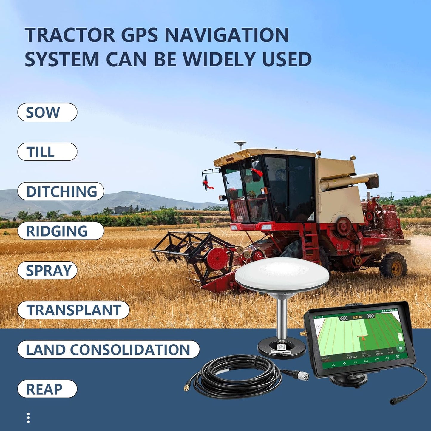 Tractor GPS Navigation System | 7-inch High-Accuracy GNSS Agricultural Navigator for Precision Farming, Spraying & Plowing