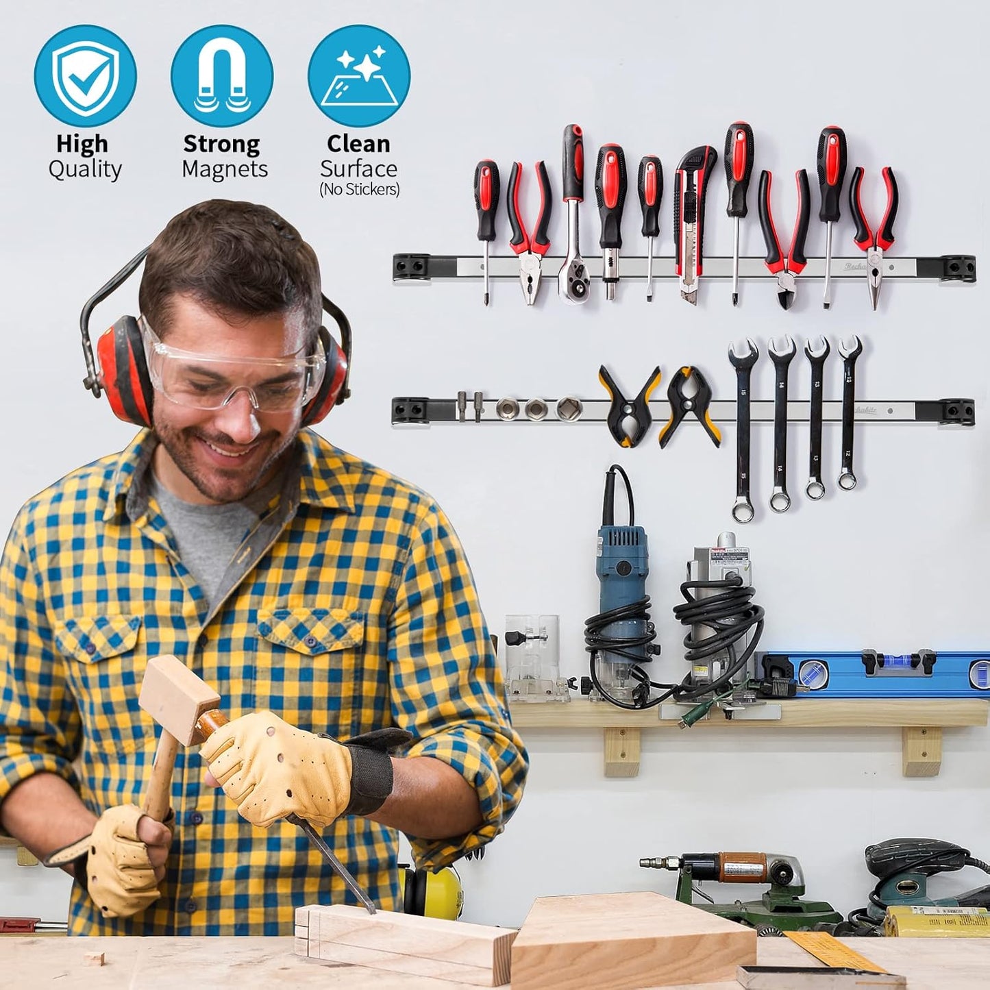 4 Pieces 24" Magnetic Tool Holder Strip, Stainless Steel Surface Tool Magnet Bar, Metal Tool Organizer Rack for Garage Organization, Easy To Install in Workshop, Mounting Screws Included