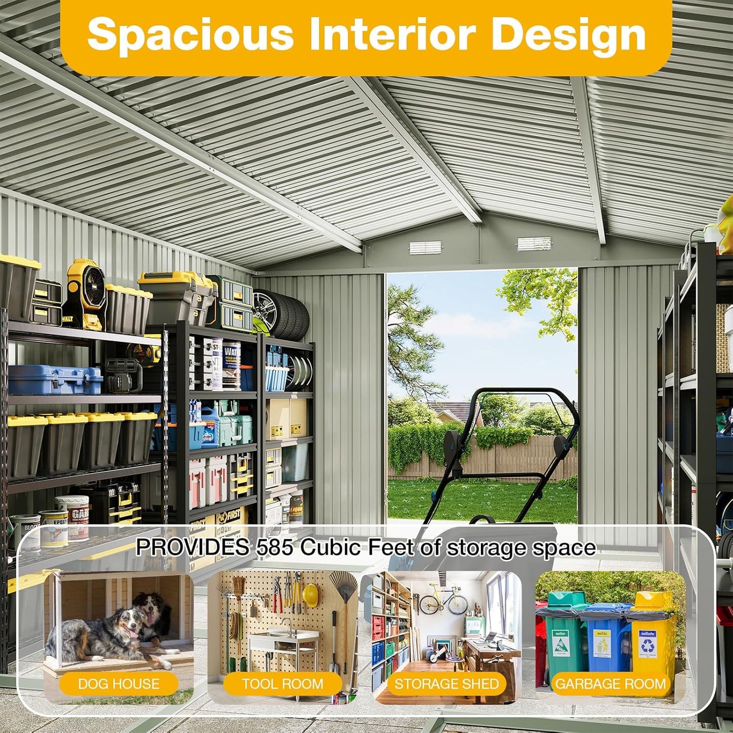 10x12 FT Outdoor Storage Shed with Base & Lockable Double Doors, Heavy-Duty Galvanized Steel Outdoor Metal Shed for Bike, Tool, Generator Storage in Backyard, Patio (10’x12’, Base)