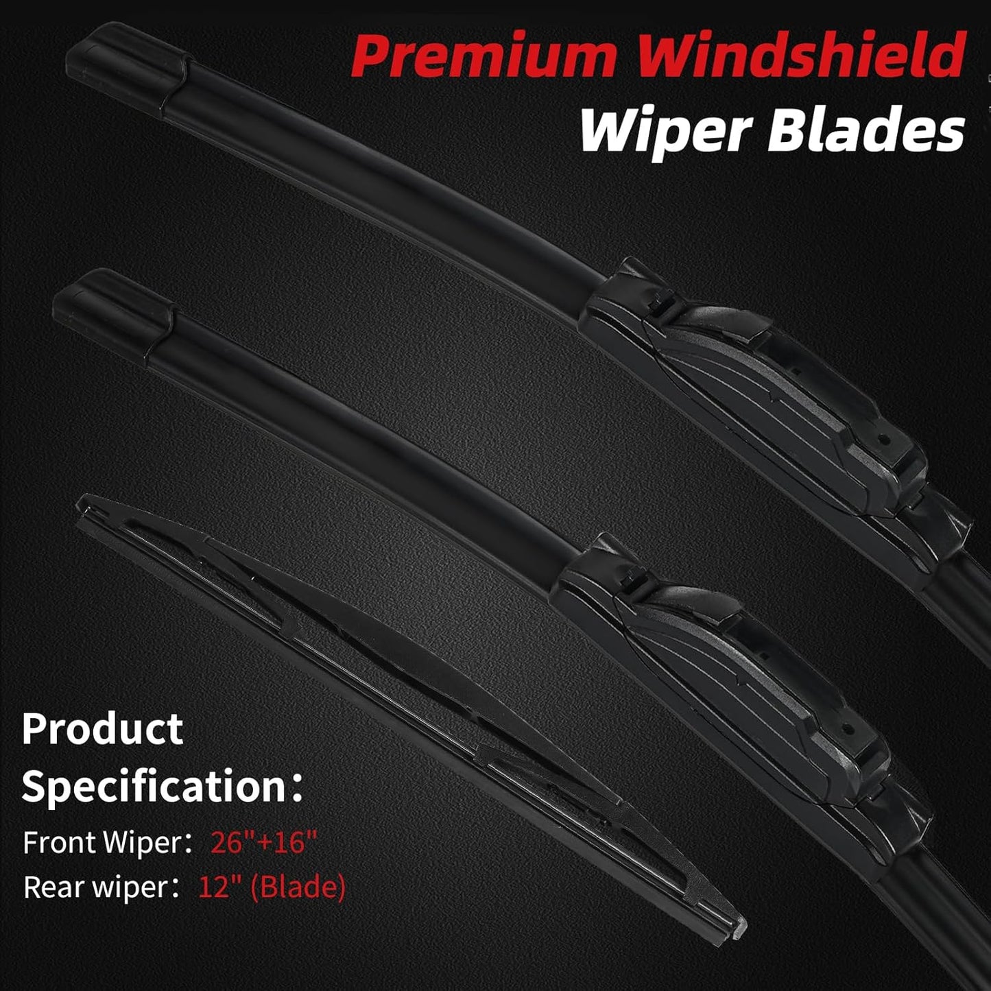 OTUAYAUTO Premium Windshield Wiper Blades - Replacement for Subaru Crosstrek 13-17, Impreza 12-16, Nissan Murano 09-16, All-Weather, Front and Rear Wiper Blades, J/U Hook - 26"+16"+12" (Pack of 3)