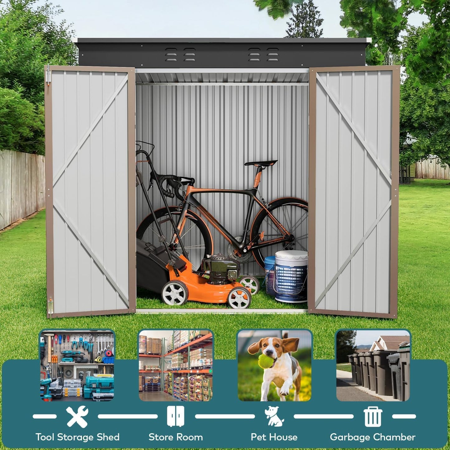 Gizoon 6' x 4' Outdoor Storage Shed with Double Lockable Doors, Anti-Corrosion Metal Garden Shed, Waterproof Shed Outdoor Storage Clearance for Backyard Patio Lawn-Brown