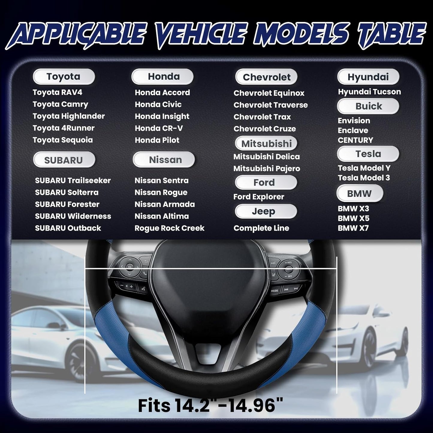 Soft Leather Steering Wheel Cover with Breathable Design and Anti-Slip Grip, Fully Compatible with Tesla, Toyota, Honda, Nissan 14.2-14.96 inch Round Steering Wheel（Sedans and SUVs）