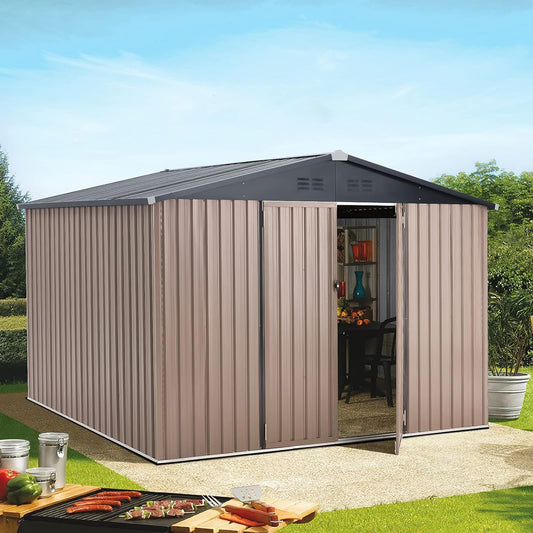 U-MAX 8' x 10' Shed Outdoor Storage Shed Clearance, Extra Large Yard Steel Metal Garden Shed with Design of Lockable Doors, Tool and Utility Storage for Backyard, Garden, Patio, Outside use in Taupe