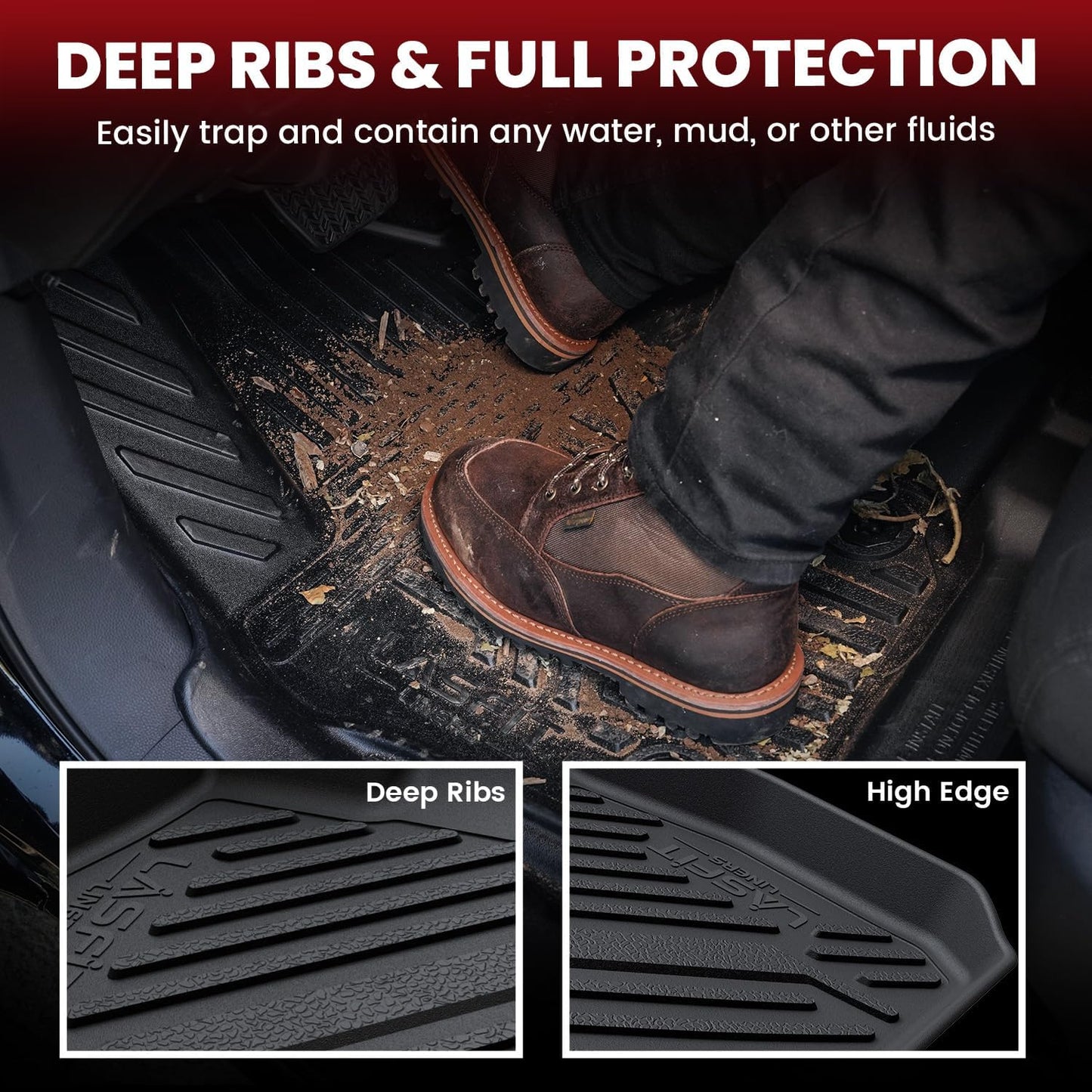 LASFIT Floor Mats and Trunk Mat for Ford Mustang 2015-2025 (Cargo w/o Subwoofer Box) All Weather Protector TPE Car Floor Liners, 1st & 2nd Row & Cargo Liner, 5pcs Black