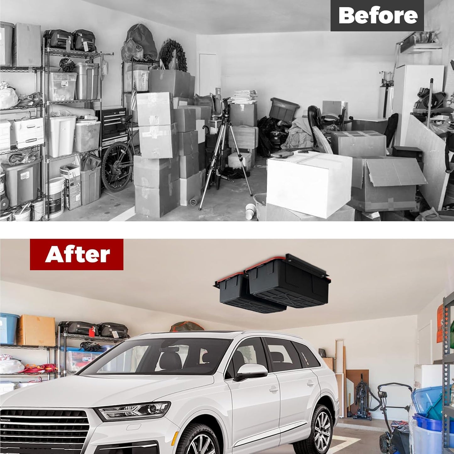 Adjustable Overhead Garage Storage Rack System – Heavy-Duty Ceiling Bin Rail Organizer for Most Storage Bins, Fits 3 Bins per Set (4 Sets Included)