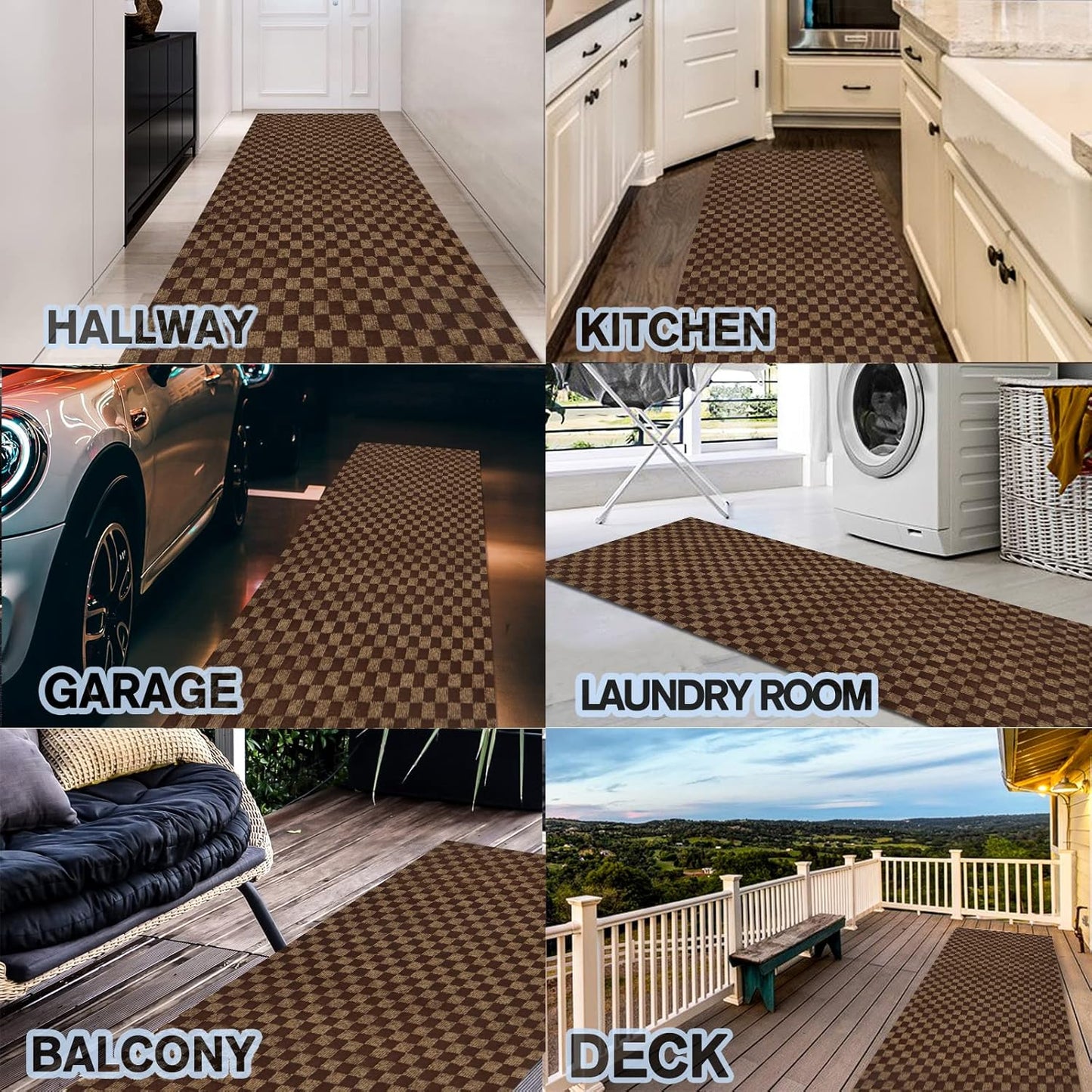 Custom Size Backed Non-Slip Area Rugs Runner, Easy Clean, Waterproof Runner Rugs for Hallway Entryway, Kitchen, Laundry, 2FT x 32FT, Brown Checkered