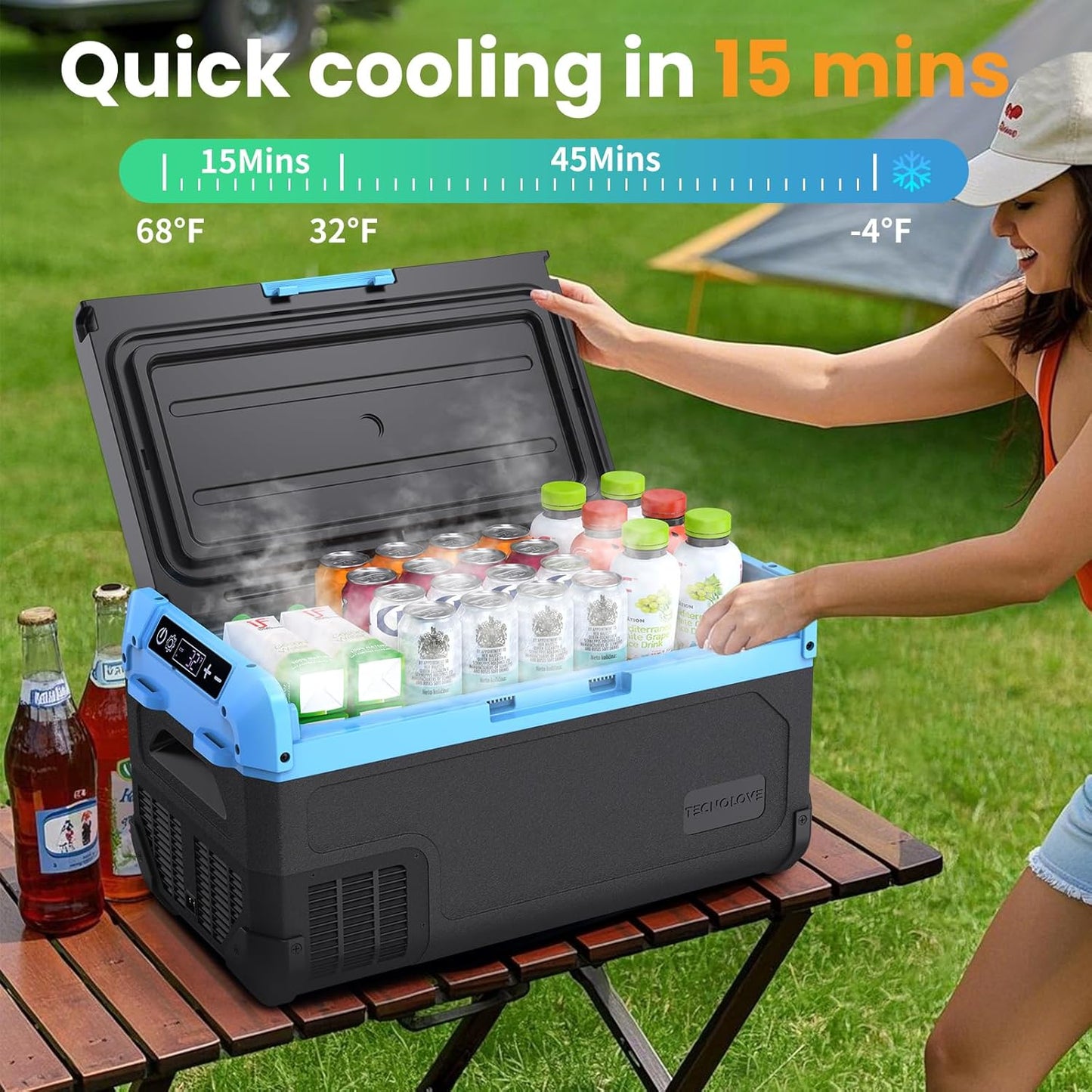 20L Car Refrigerator Freezer, 21QT Single Zone Portable Fridge with Blow Expansion Evaporator, Reversible Door, LED Control, Fast Cooling, 100–240V AC / 12V / 24V DC, -4℉~68℉, Ice Blue