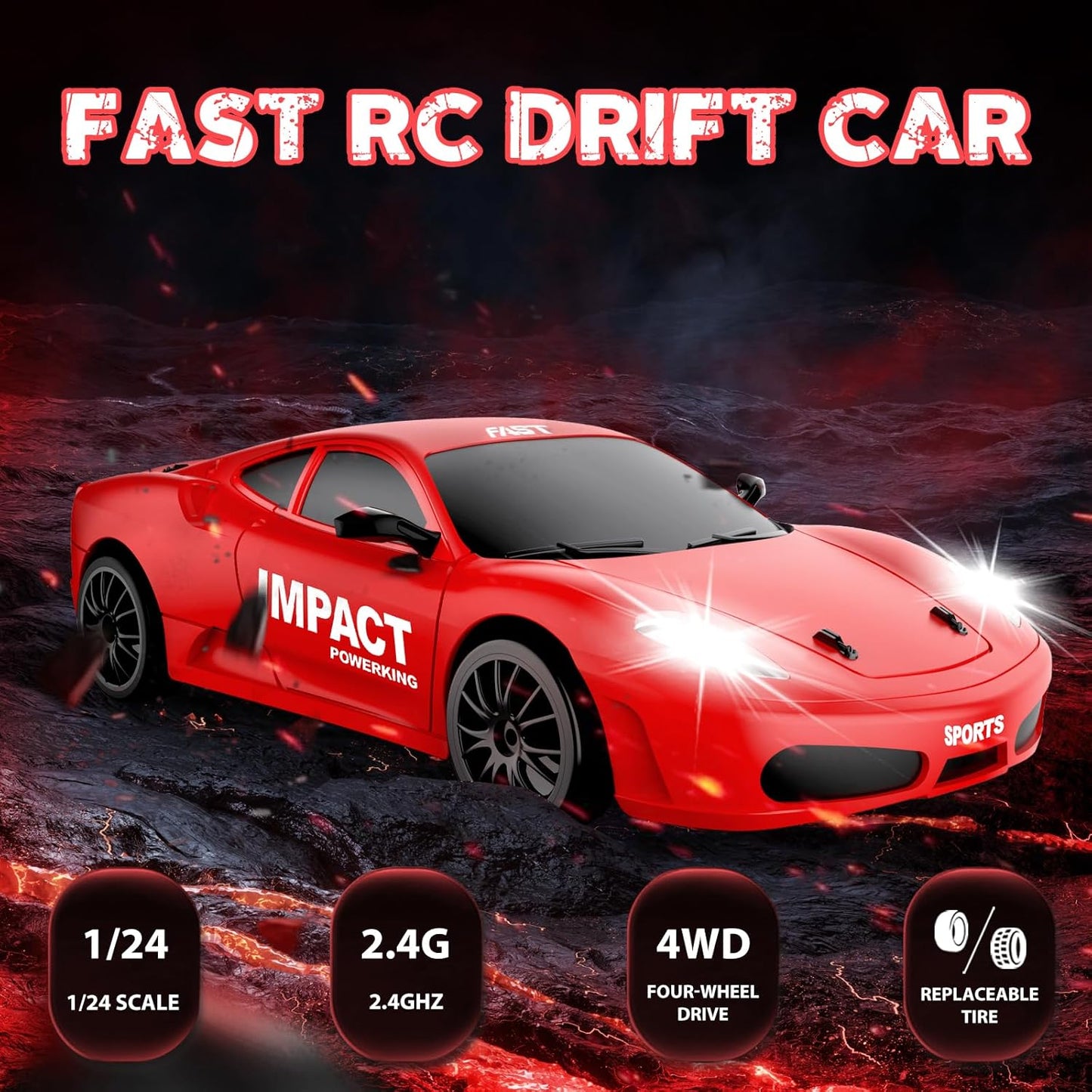 RC Drift Car, 2.4GHz Remote Control Cars 1/24 4WD High Speed Drift Car with LED Lights and Dritfing Tires Vehicle Racing Toy Cars for Boys Girls Adults Kids (Red)