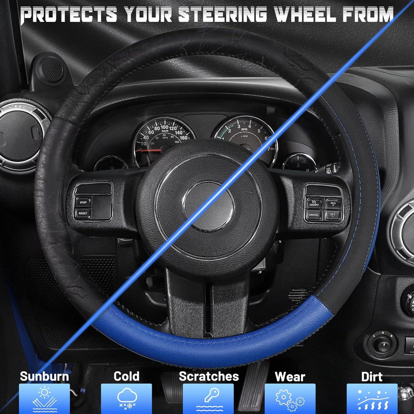 SEG Direct Car Steering Wheel Cover for F-150 Tundra Range Rover 15.5-16 inch, Black and Blue Microfiber Leather