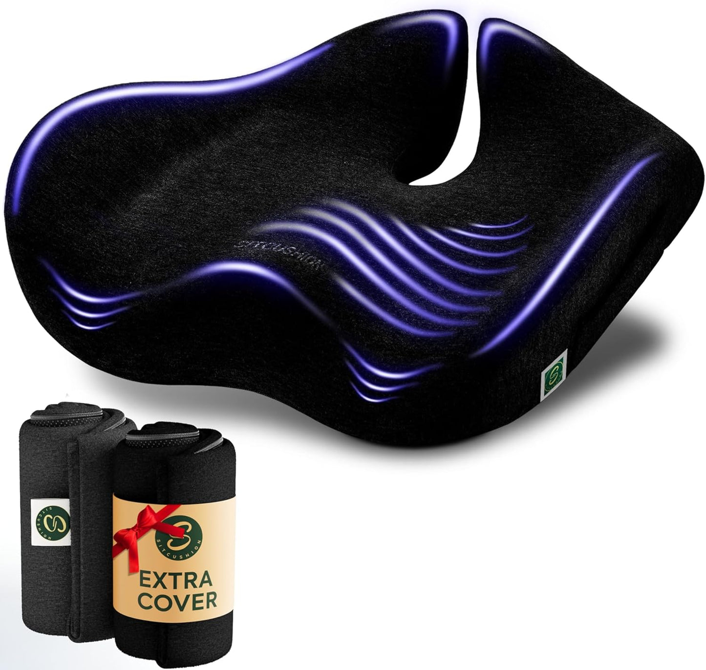 Pressure Relief Seat Cushion for Tailbone Pain – X Large Office Chair Cushion for Back Pain, Coccyx & Sciatica Pain Relief Pillow. Memory Foam Seat Cushions for Office Chairs. Extra Cover (Black)