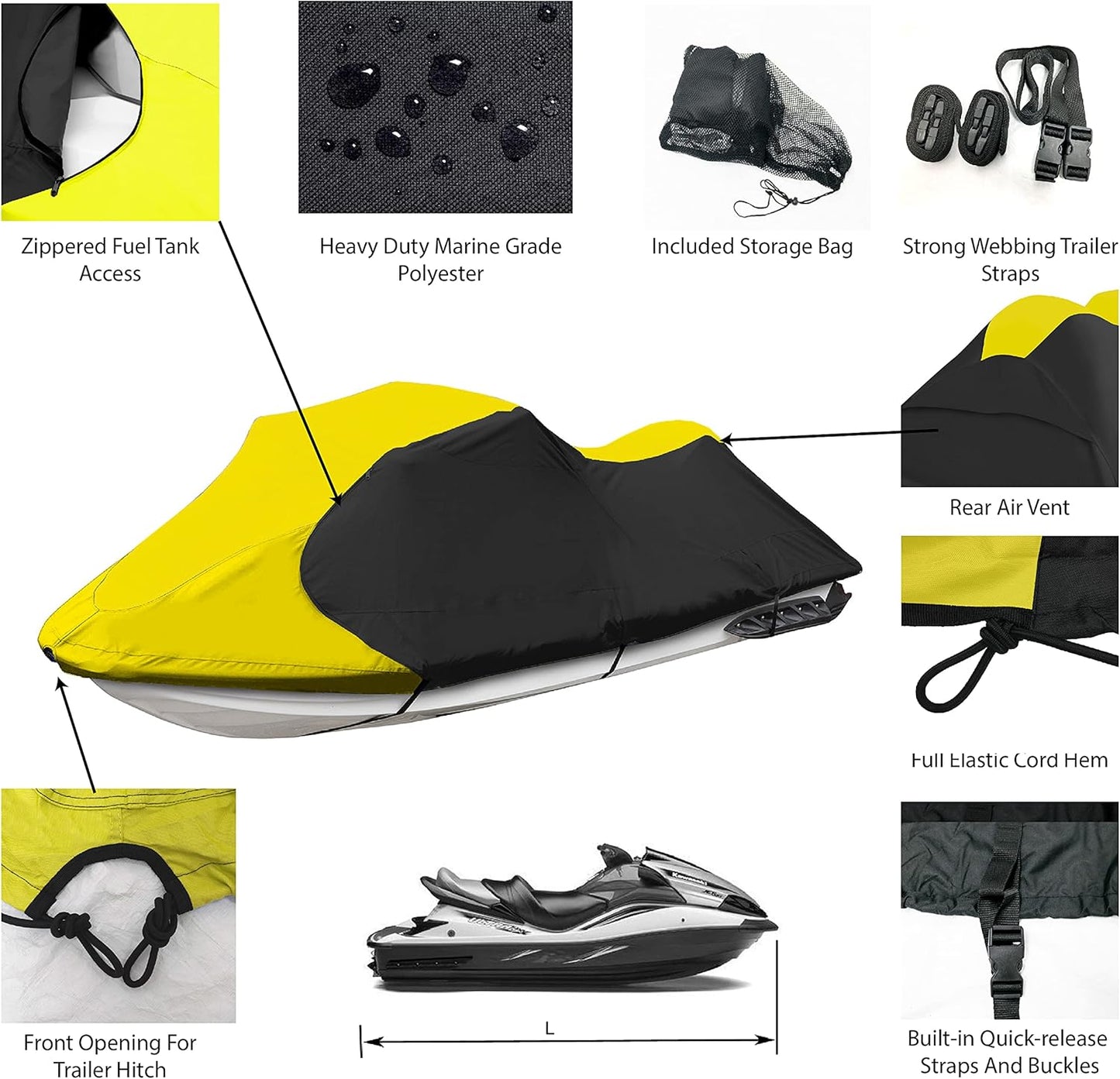 Trailerable Jet Ski Cover, Waterproof Marine Grade 600D Heavy Duty Polyester PWC Cover Yellow/Black Fits from 126" to 135" 3 Seater