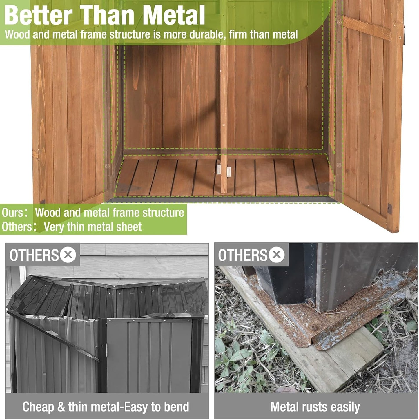 GUTINNEEN Sheds Outdoor Storage Wooden Garden Tool Shed with Metal Frame Sloped Roof and Adjustable 3 Tiers Shelves Outdoor Storage Cabinet for Backyard Garden Patio Lawn 67.1"(Brown)