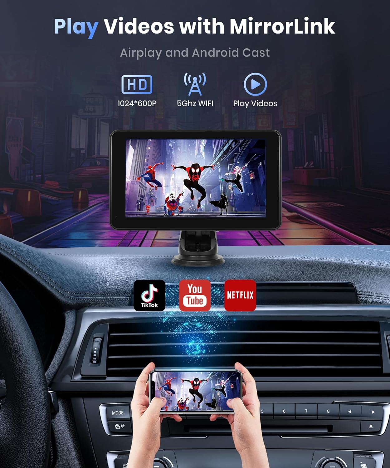 Podofo Wireless Carplay Screen for Car,7inch 1080P HD IPS Touch Screen Portable Car Radio Audio Receivers, Wireless Android Auto Screen 2 Mount/2 Bluetooth/MirrorLink/GPS/Voice Control/AUX/FM Transmit