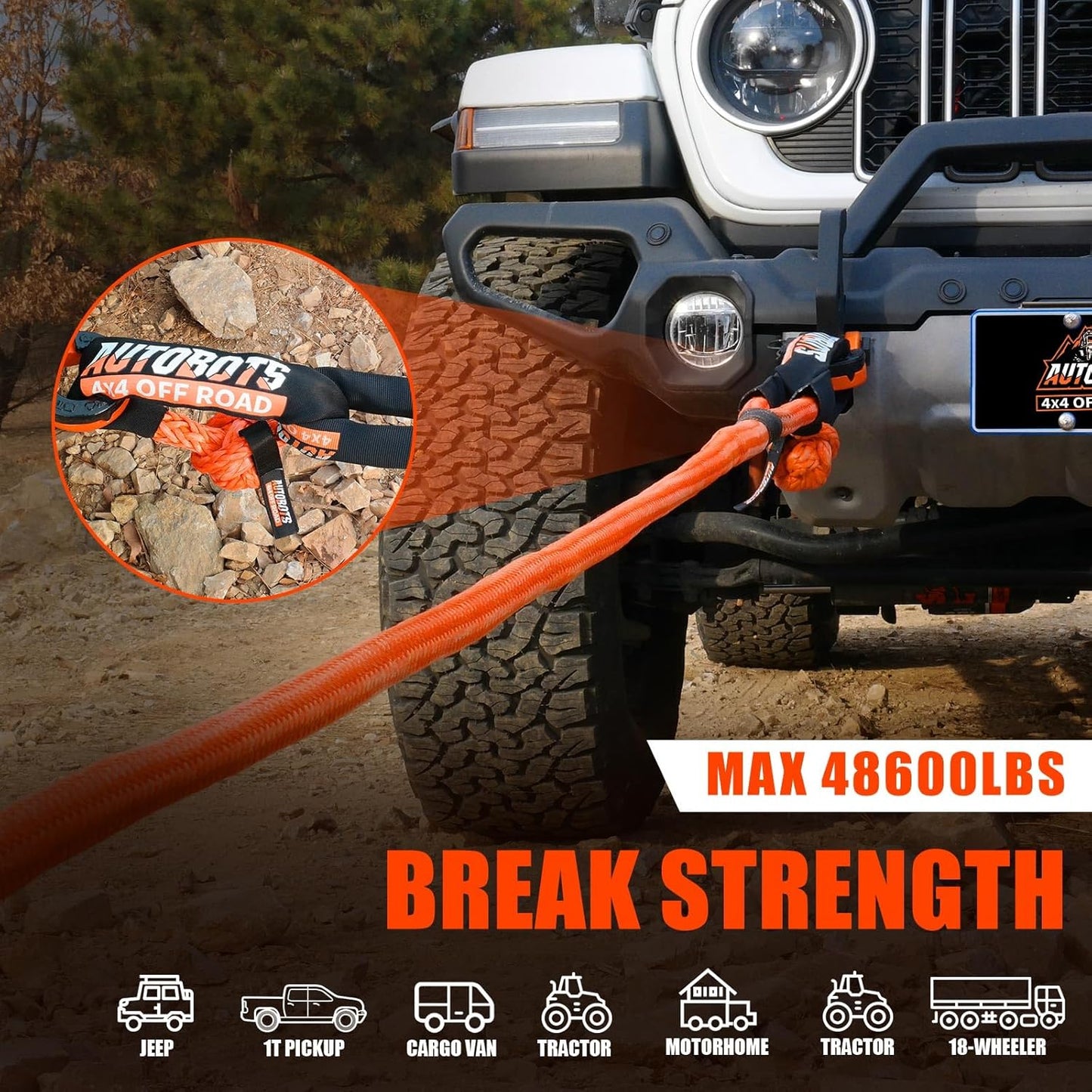 AUTOBOTS Kinetic Recovery Rope 1" x 30'(48,600lbs)+2 Soft Shackles，Heavy Duty Tow Rope Tow Strap for Truck ATV UTV SUV Car，Offroad Recovery Kit