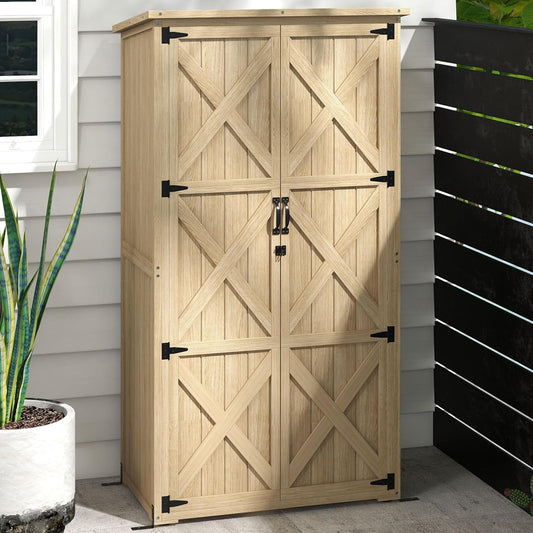 Wooden Garden Shed, Outdoor Storage Cabinet with Waterproof Asphalt Roof, Narrow Tool Shed with Shelves and Lockable Doors, Natural