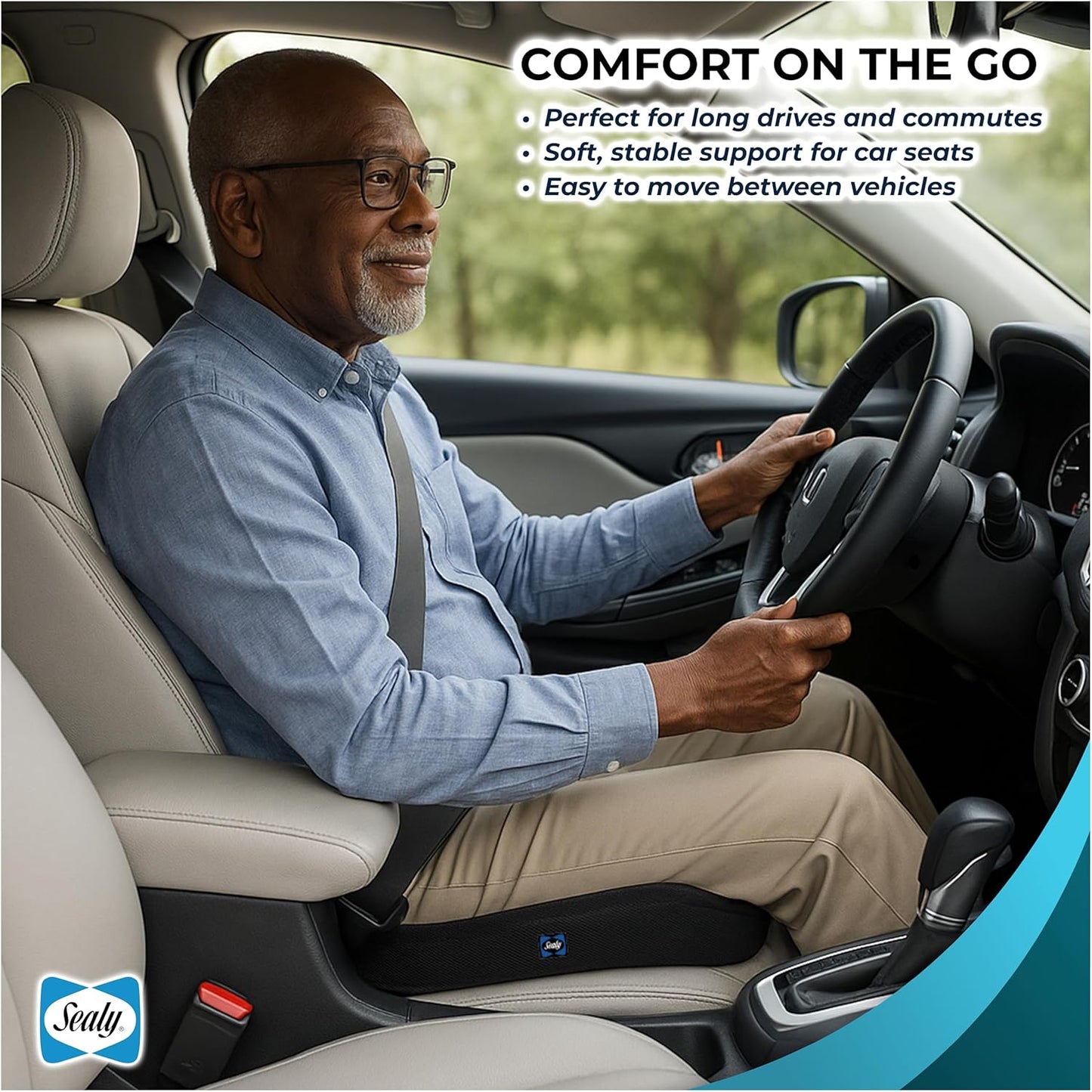 Sealy Memory Foam Car Seat Cushion – Gel Seat Cushions for Office Chairs, Tailbone Pain Relief Cushion, Cooling Pillow, Slim Fit Car Seat