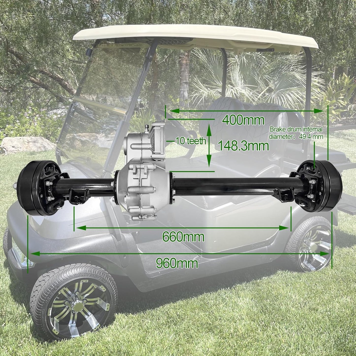 1027717-01 102771701 Rear Axle Assembly with Brake Drum 10 Teeth for 1998-Up Club Car DS & 2004-Up Club Car Precedent Electric with Graziano Transaxle